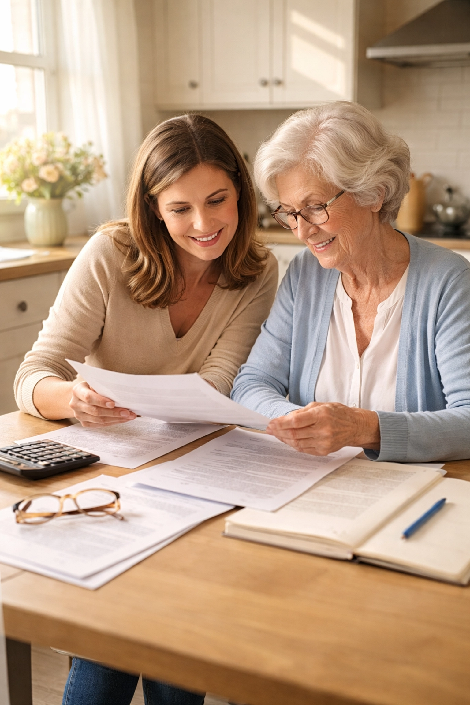 Adult daughter and elderly mother reviewing assisted living cost documents at a kitchen table in Sarasota