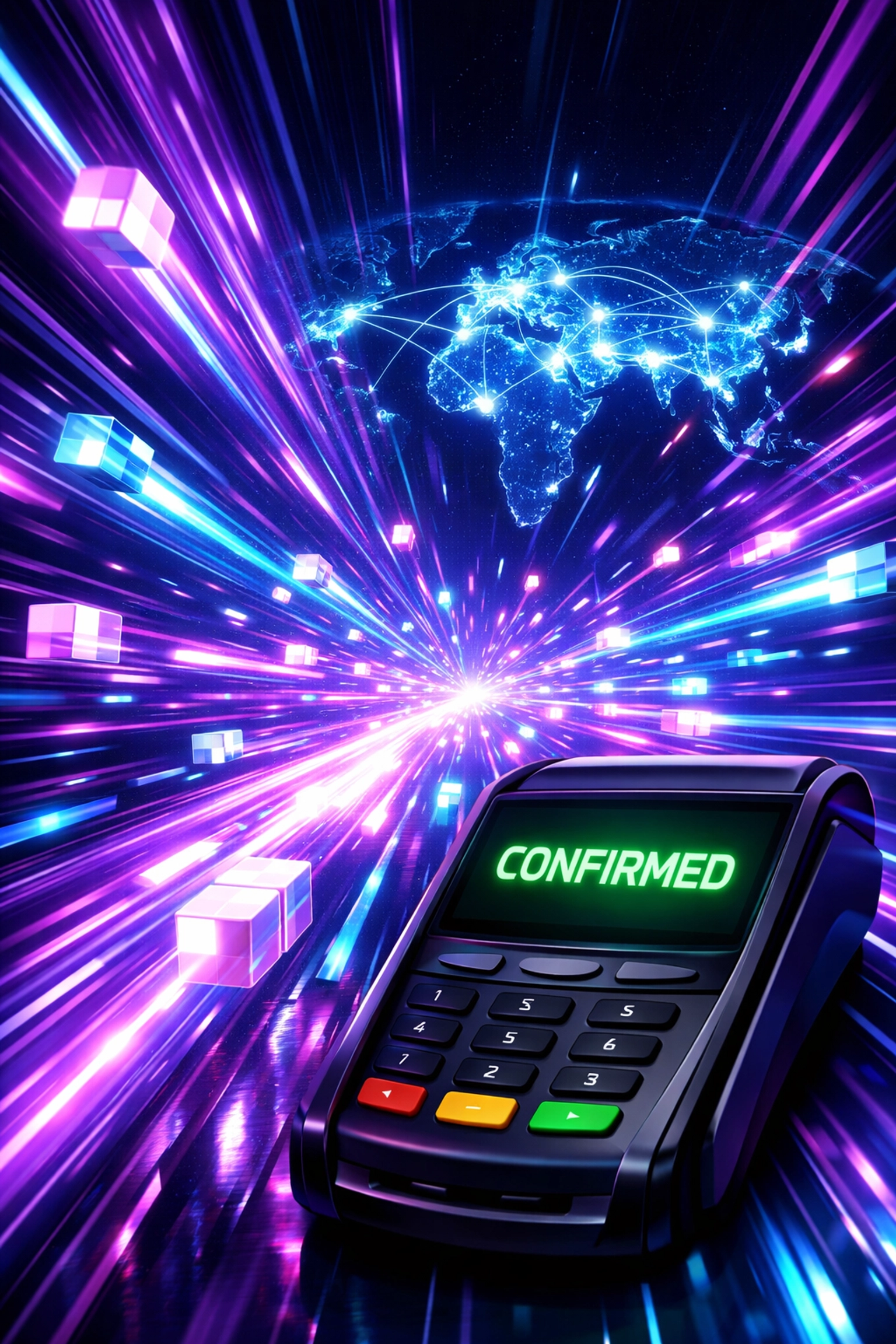 Fast blockchain payment network showing instant global transaction confirmations