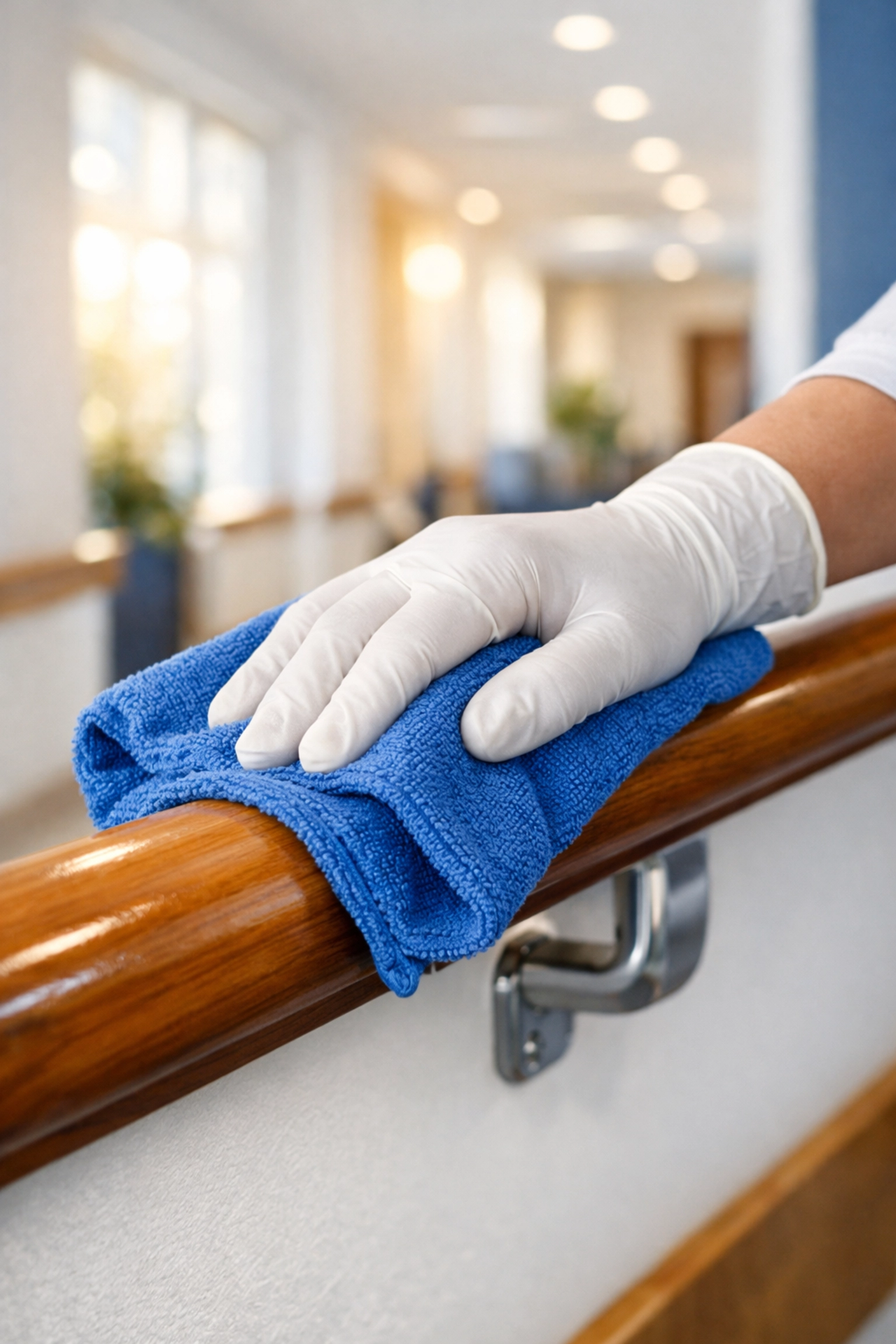 Professional disinfecting of a wooden handrail in a Methuen senior living hallway using a microfiber cloth.