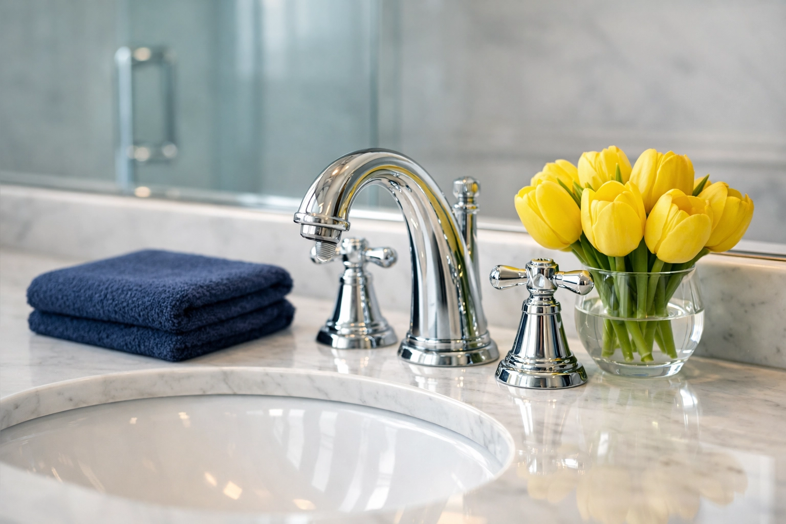 Detailed view of a sparkling marble vanity and faucet after a post-construction cleaning in a Wellesley luxury home.