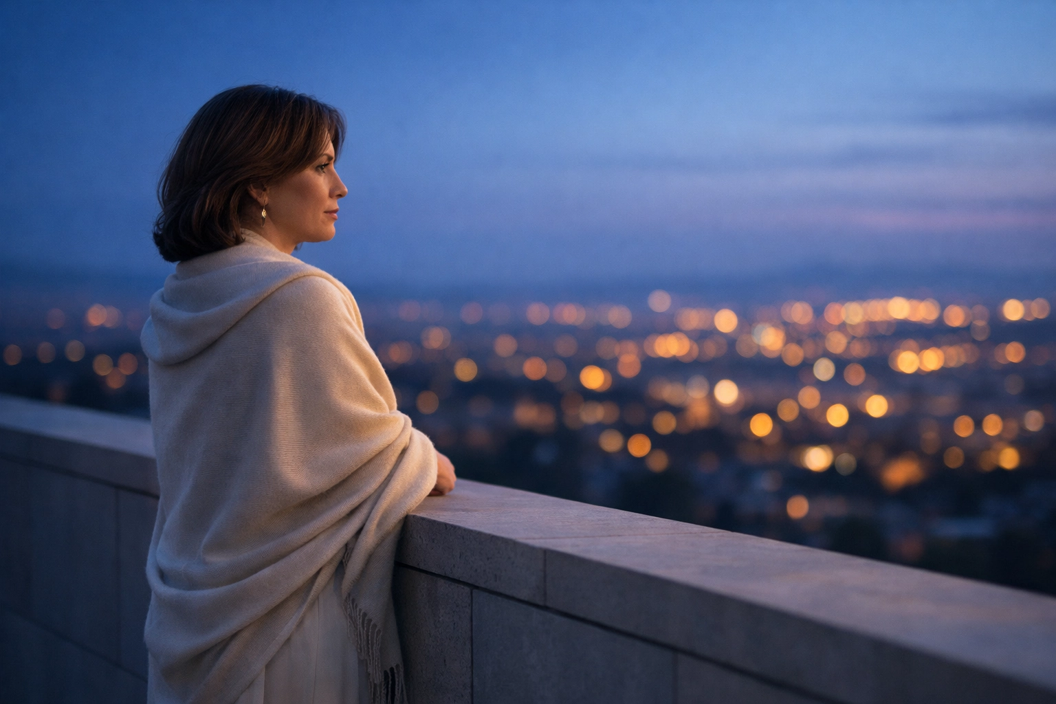 Elegant woman standing alone on a balcony, symbolizing the isolation of hyper-independence in dating.