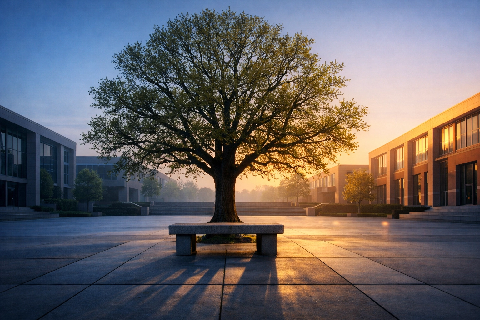 Peaceful university campus courtyard at dawn, symbolizing justice and safety for the student body.