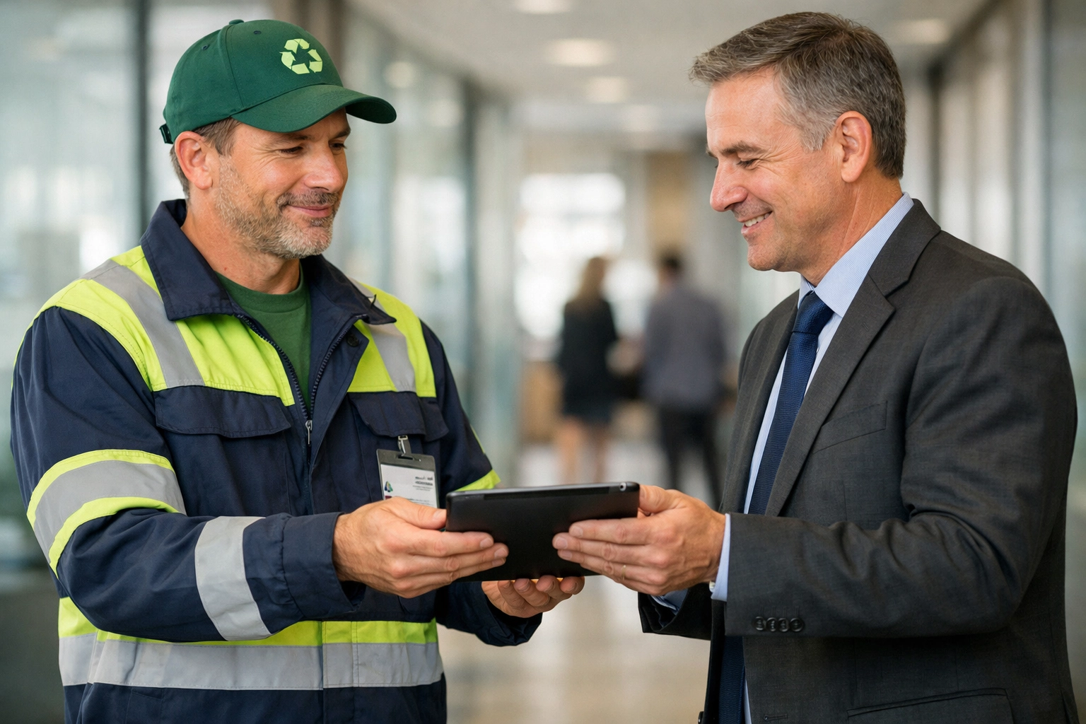 Professional waste carrier handing a digital Waste Transfer Note to a client in a modern Northampton office.