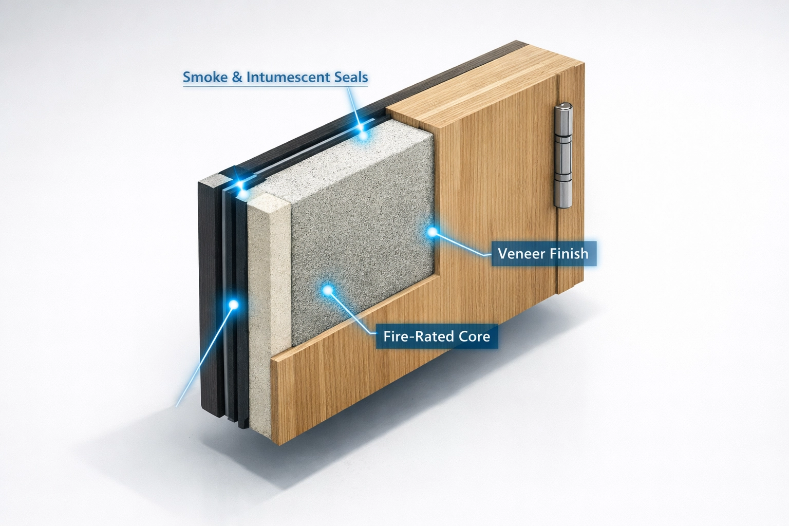 Internal cross-section of a fire door showing the safety core and seals used in building maintenance.