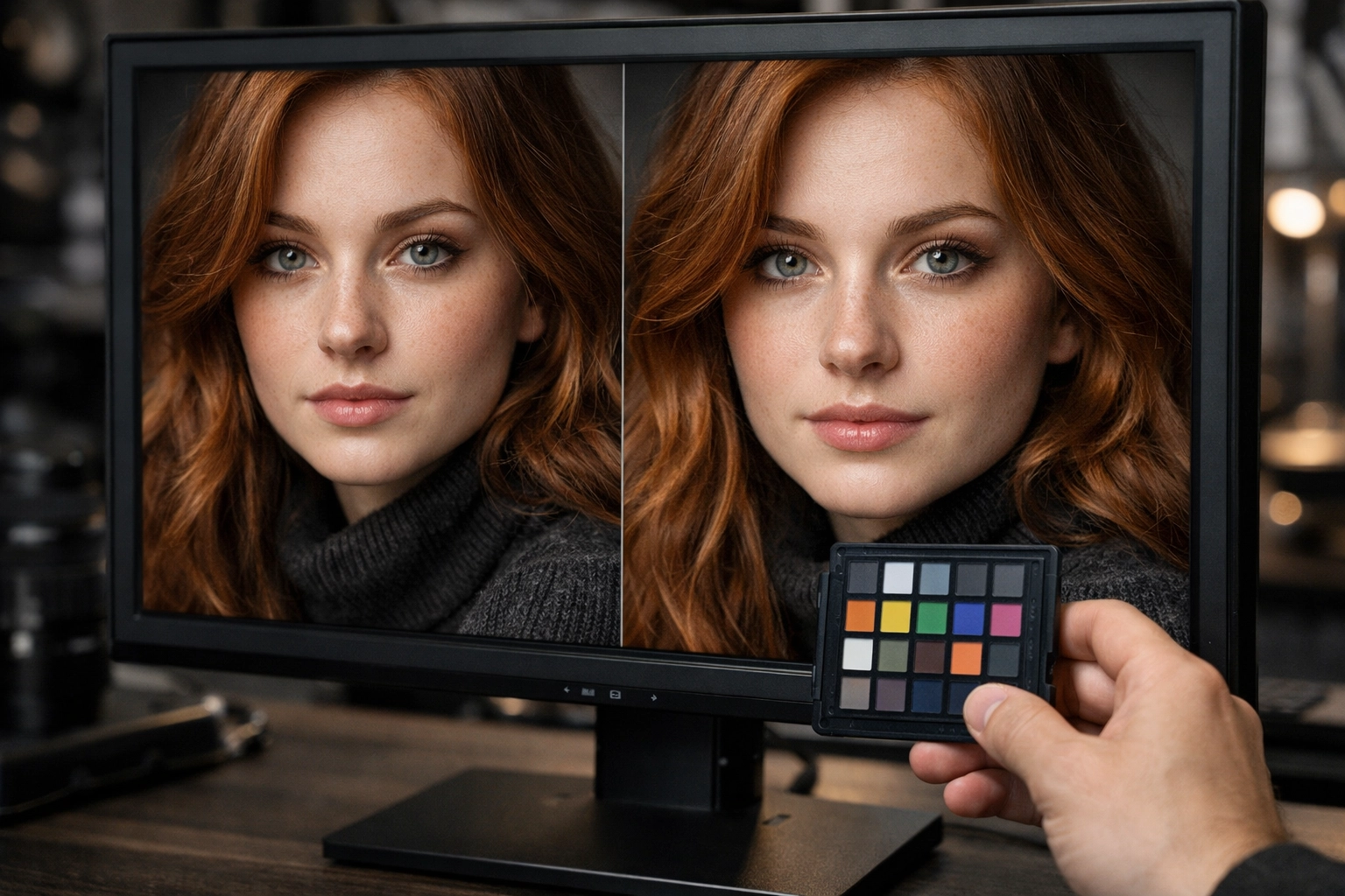 High-resolution side-by-side photo comparison on a monitor showing preserved image quality.