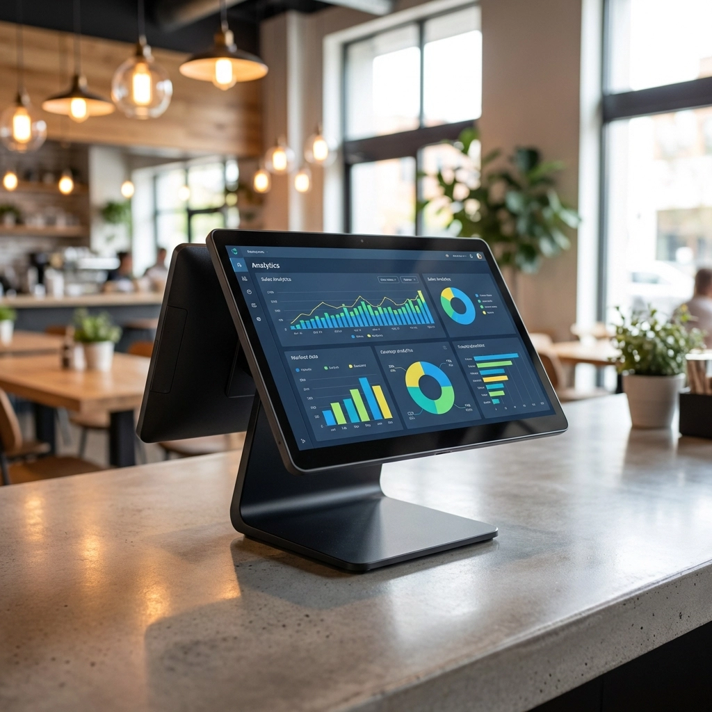 Sleek POS system and analytics dashboard at a contemporary restaurant, highlighting tech-driven restaurant investment