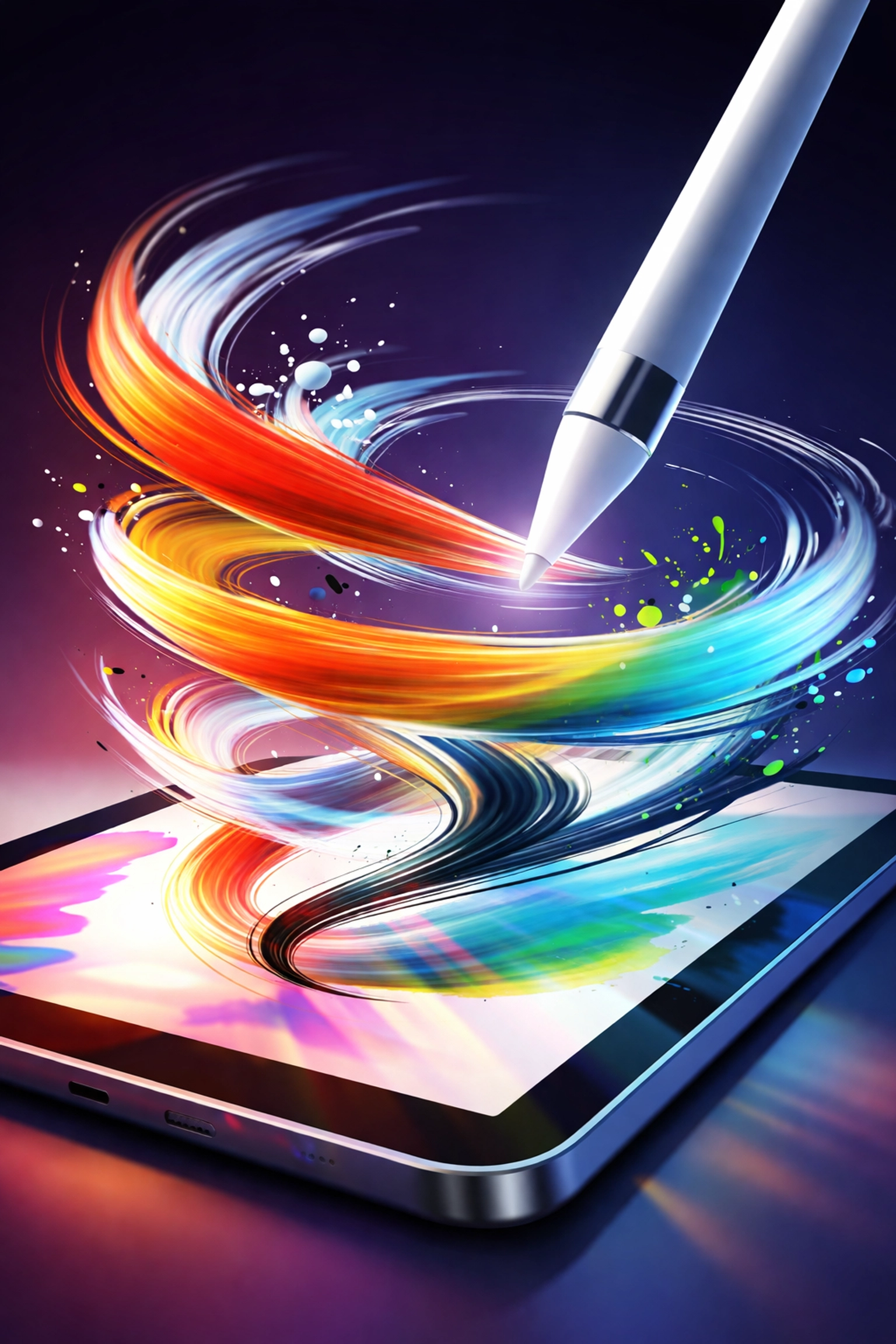 An Apple Pencil above an iPad with swirling colorful digital brush strokes, demonstrating creative possibilities with Procreate brushes.