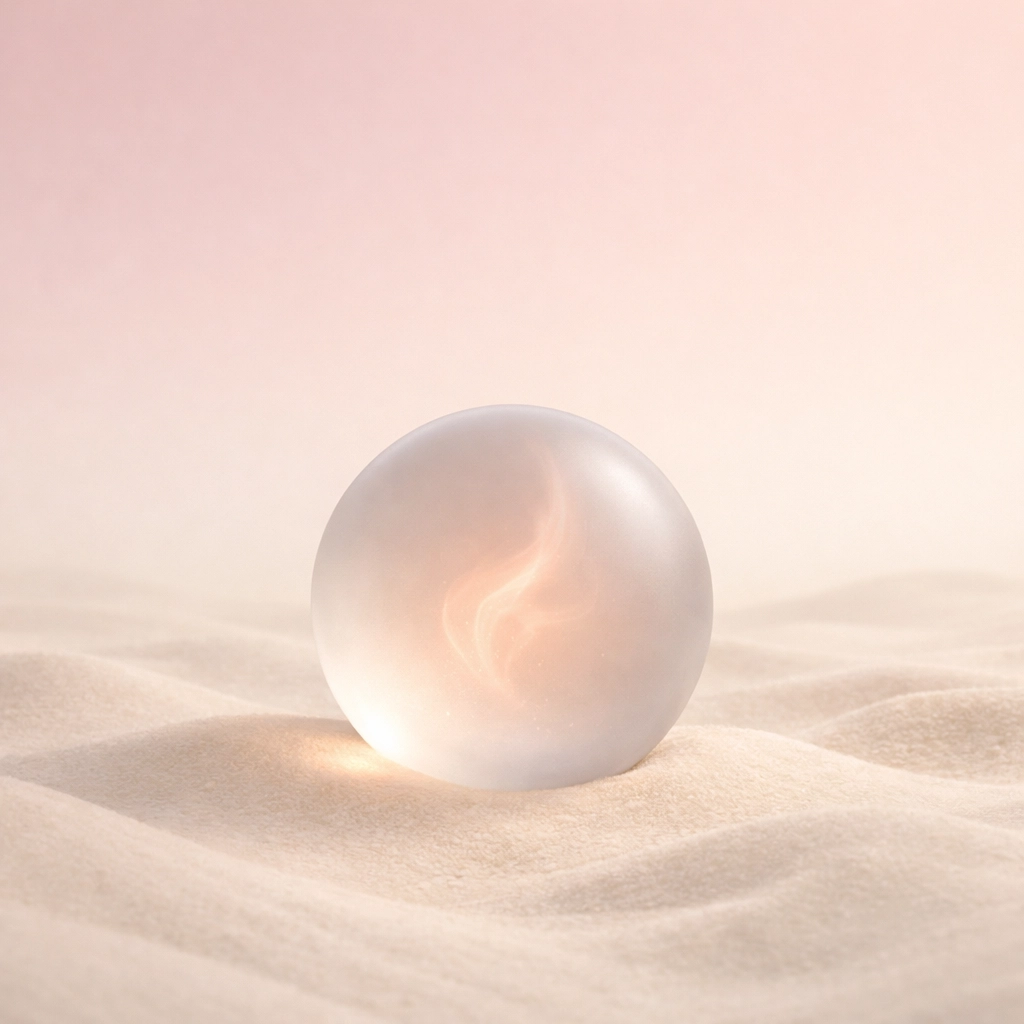 Quiet, glowing glass sphere on sand symbolizing energy management and recovery from executive burnout.