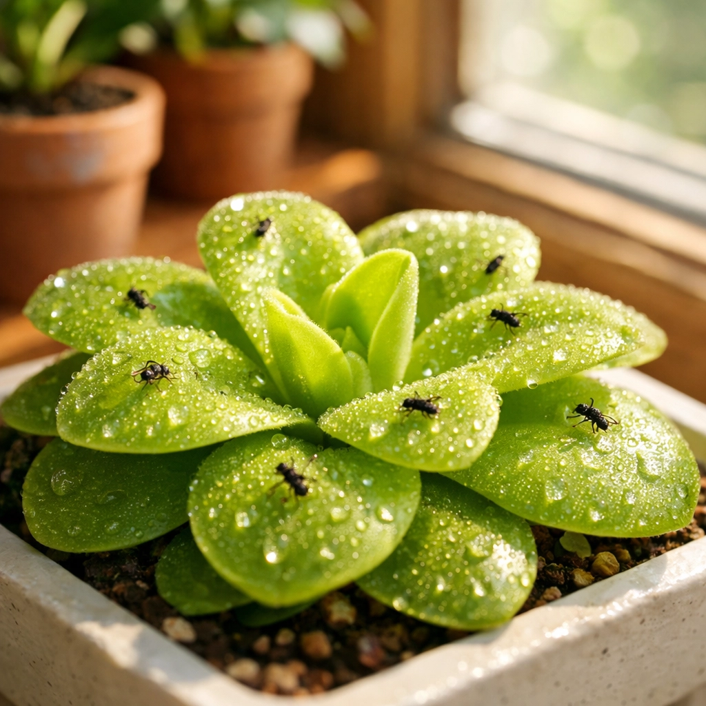 Butterwort (Pinguicula) on a windowsill trapping fungus gnats on sticky leaves for natural pest control