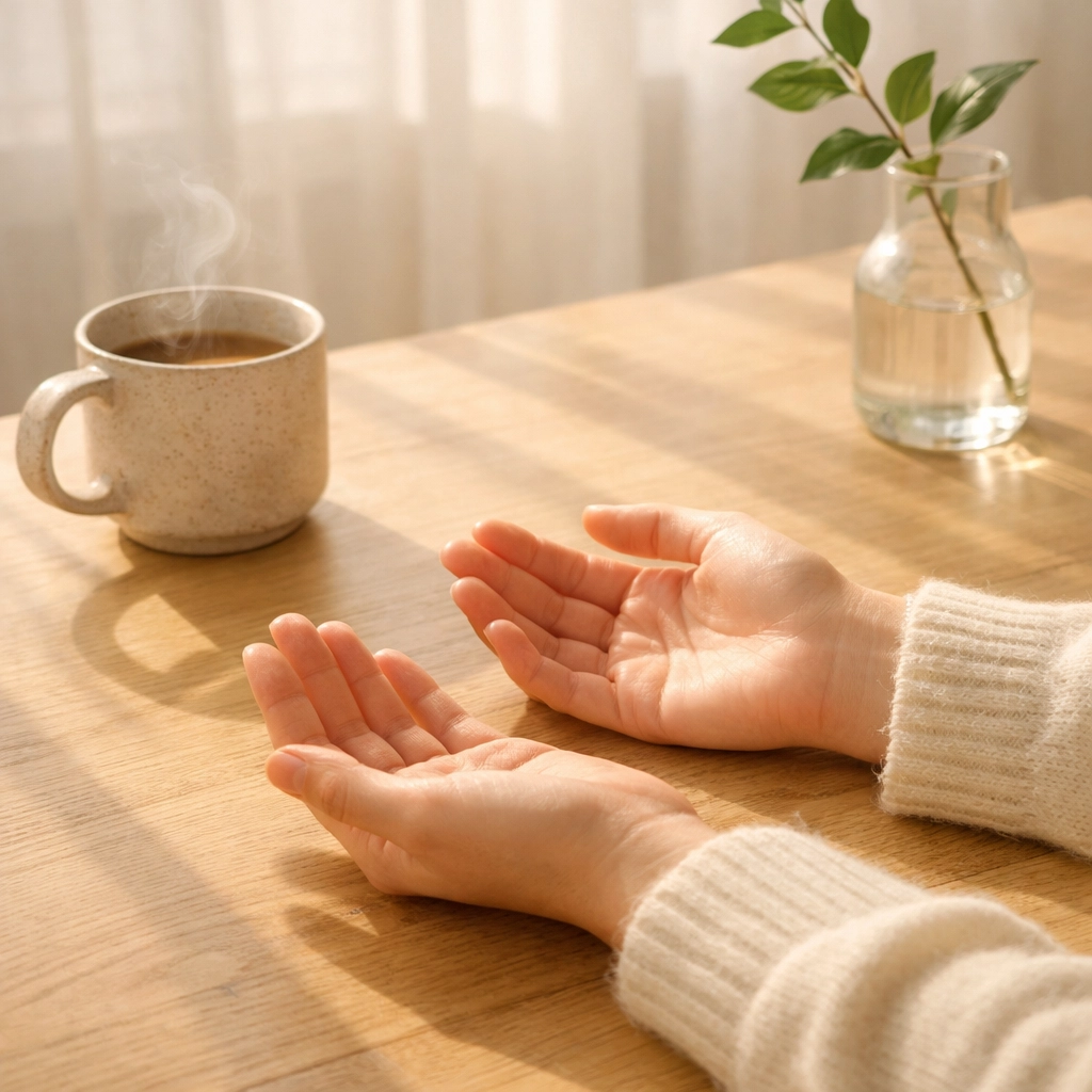 Hands resting peacefully on a table with a warm mug, symbolizing nervous system regulation and breaking chronic rushing.