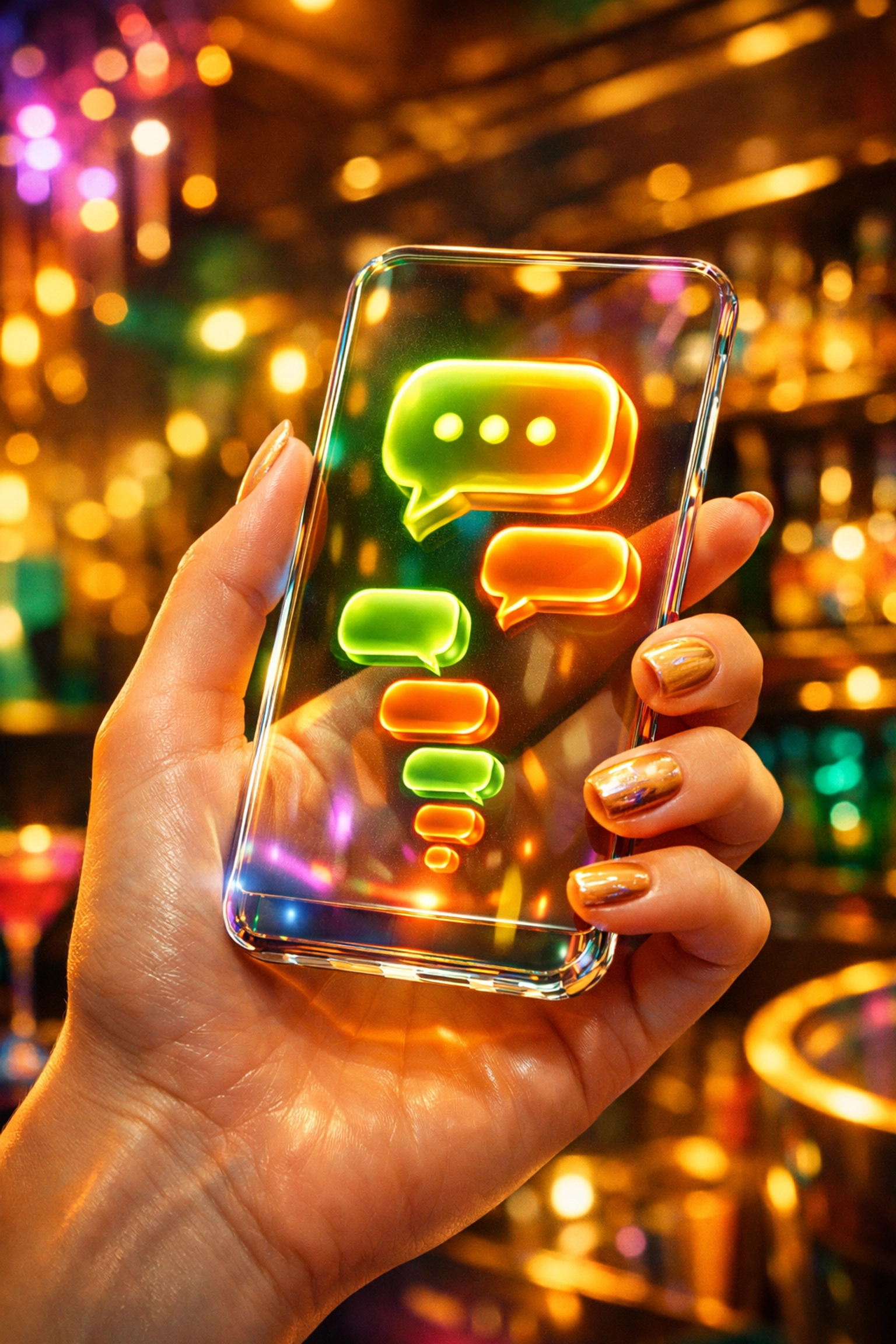 Flirty chat messages on a futuristic smartphone screen during a pre-date vibe check.