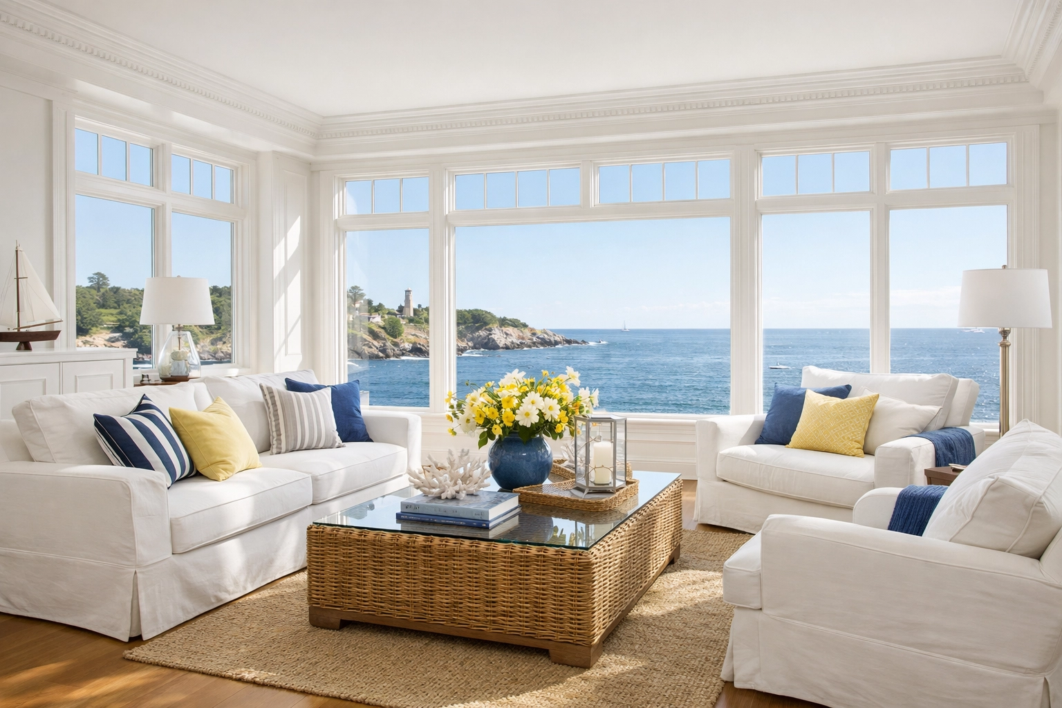 Pristine coastal Marblehead living room showcasing results of professional Marblehead cleaning secrets.