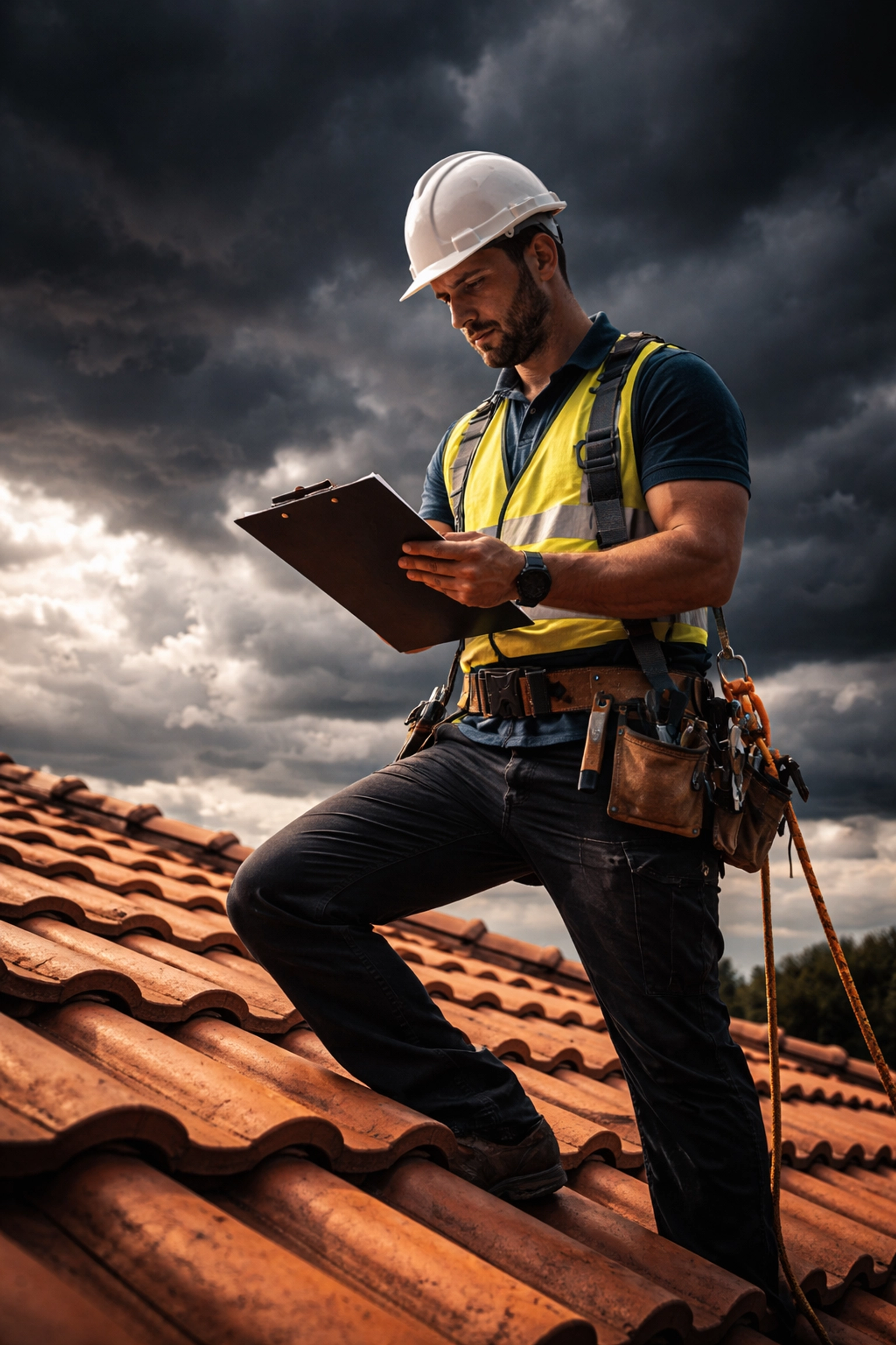Roofing contractor reviewing plans on a tiled roof under stormy Brisbane sky, conveying preparedness and authority.