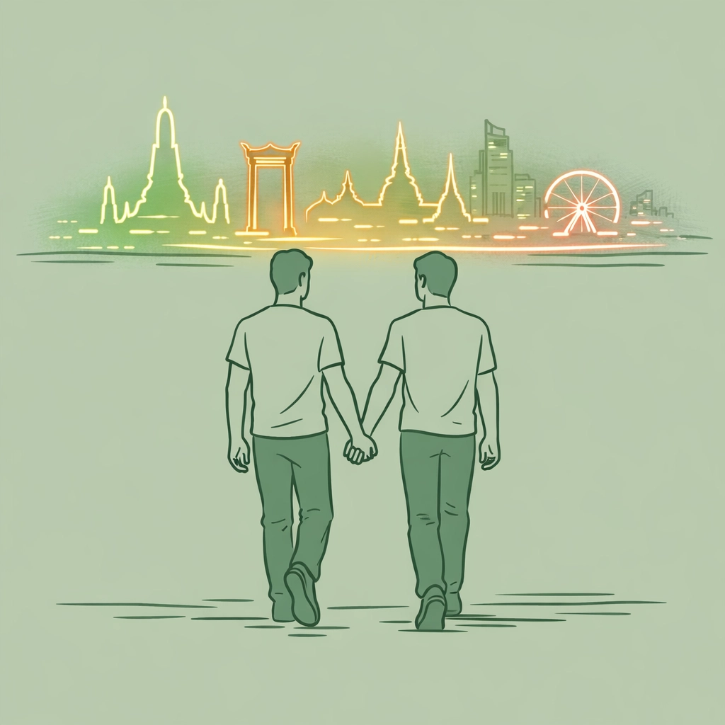 Two men holding hands walking toward Bangkok skyline seeking LGBTQ+ freedom