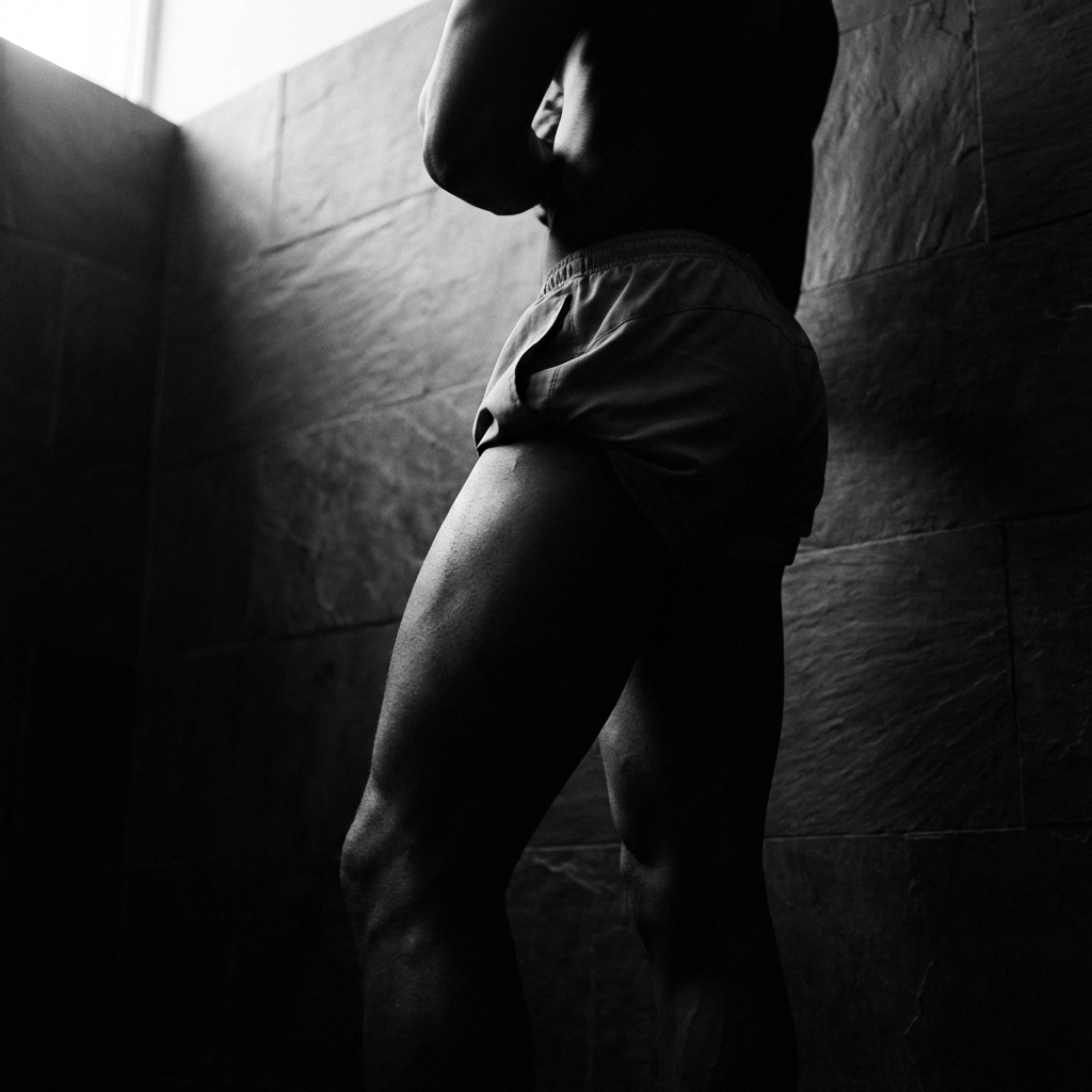 Black and white fine art photo of a muscular man’s glutes and thighs in a classical Greek pose.