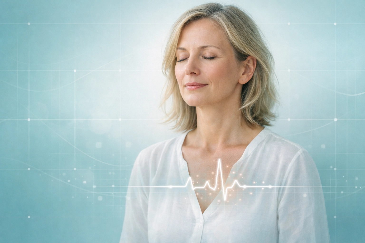Midlife woman practicing breathwork for perimenopause stress relief with hand on heart