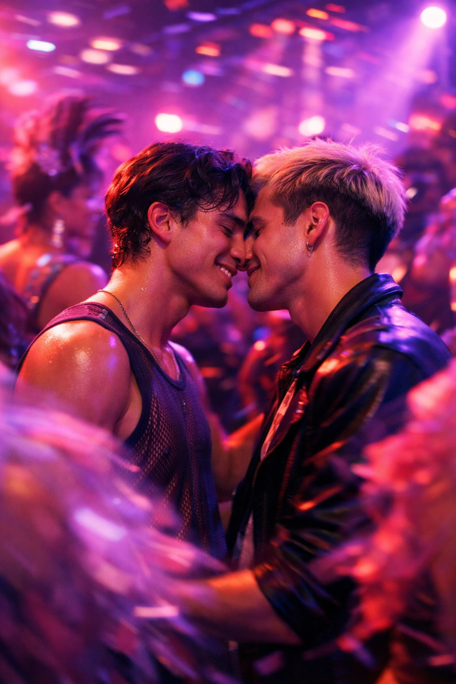 Gay men connecting on 1980s nightclub dance floor during Club Kids era