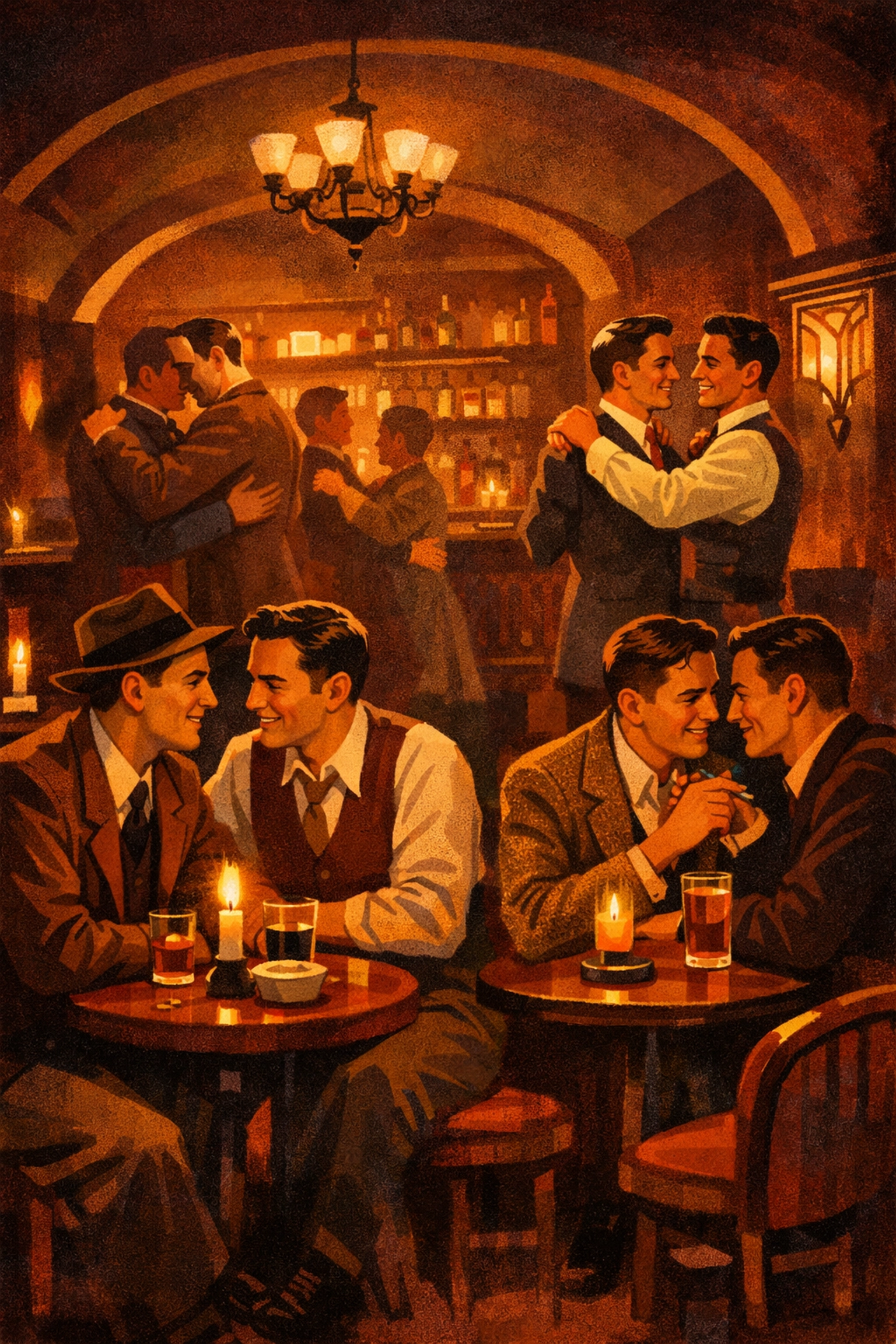 Gay men gathering in underground 1940s bar creating safe community space in post-war Europe