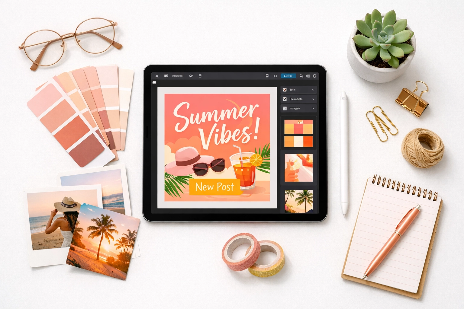 Design tools and tablet showing social media graphic creation for virtual assistant services