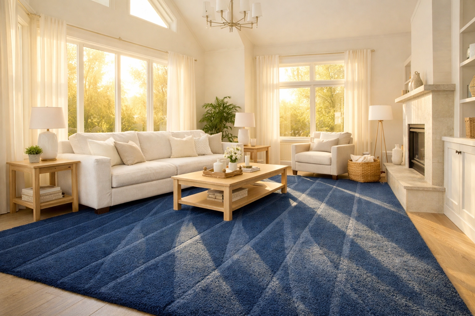 Spotless living room with vacuum lines from expert professional house cleaning in Lowell, MA.