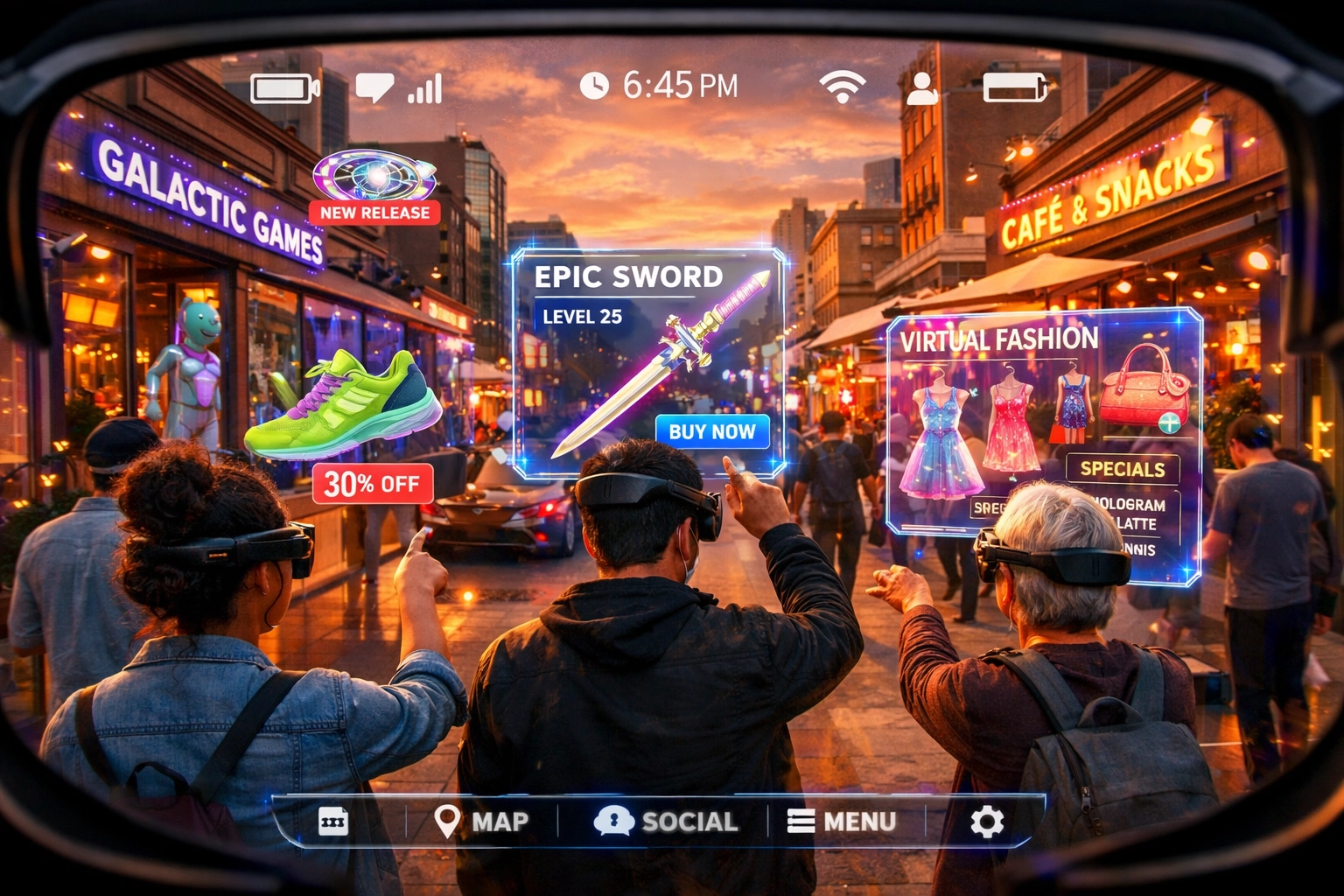 Augmented reality shopping experience with virtual storefronts on city street