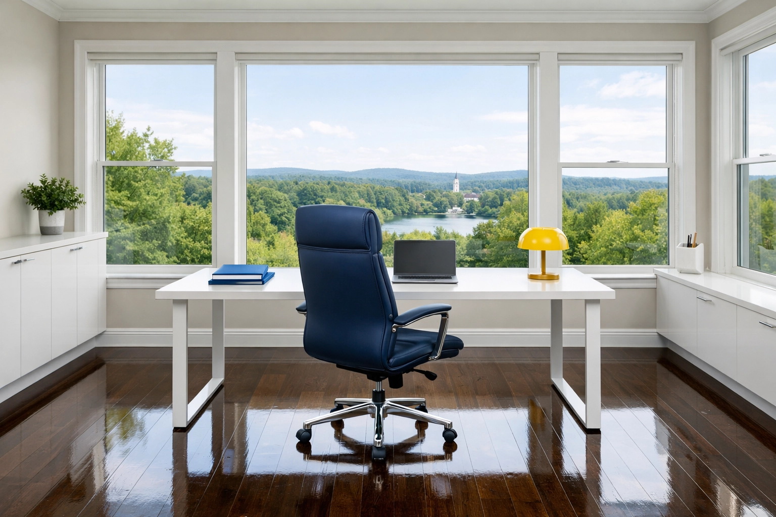 Office cleaning in Maynard showing a spotless professional workspace with polished hardwood floors.