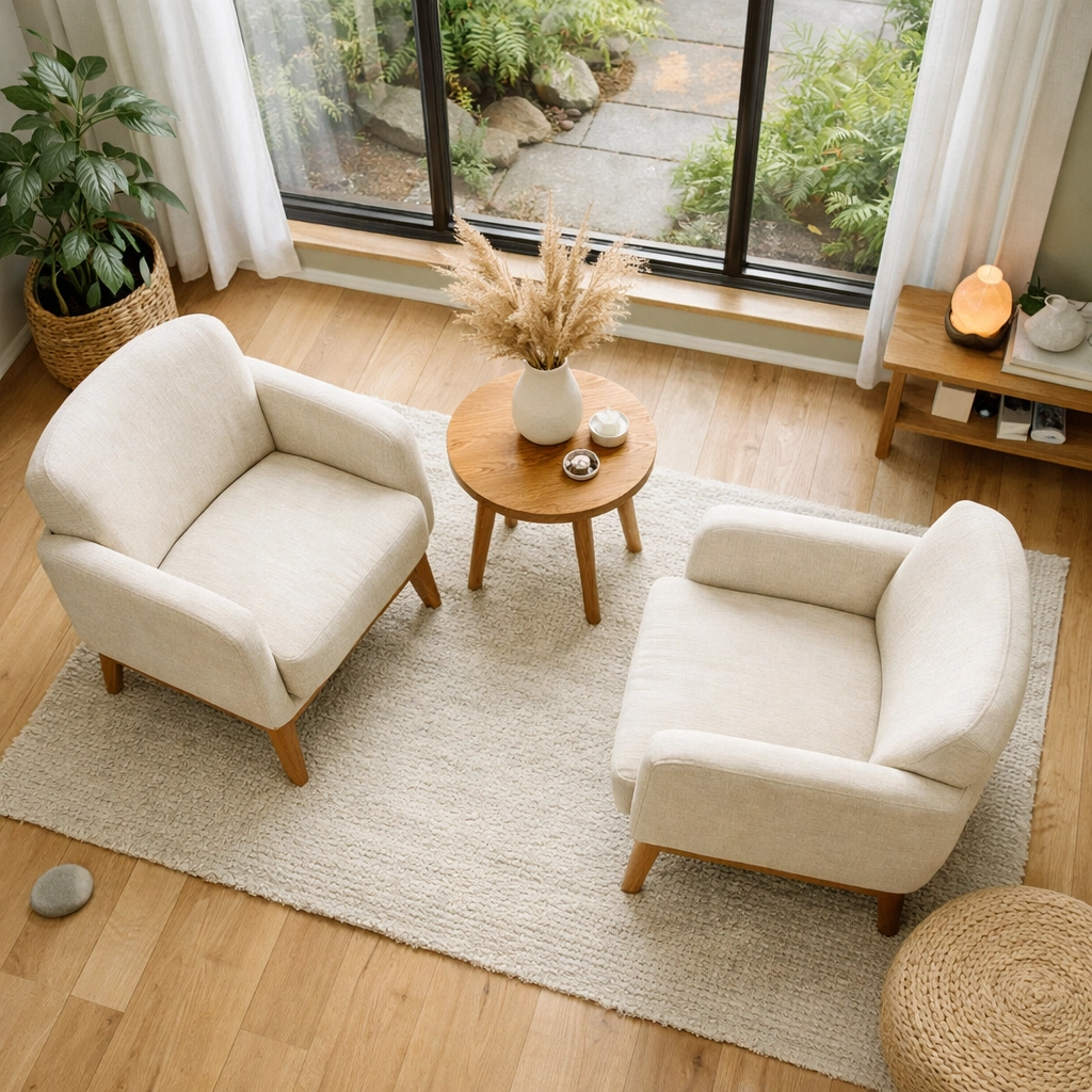 A peaceful consultation room at Caring Hearts Psychiatry offering wellness coaching and mental health support.