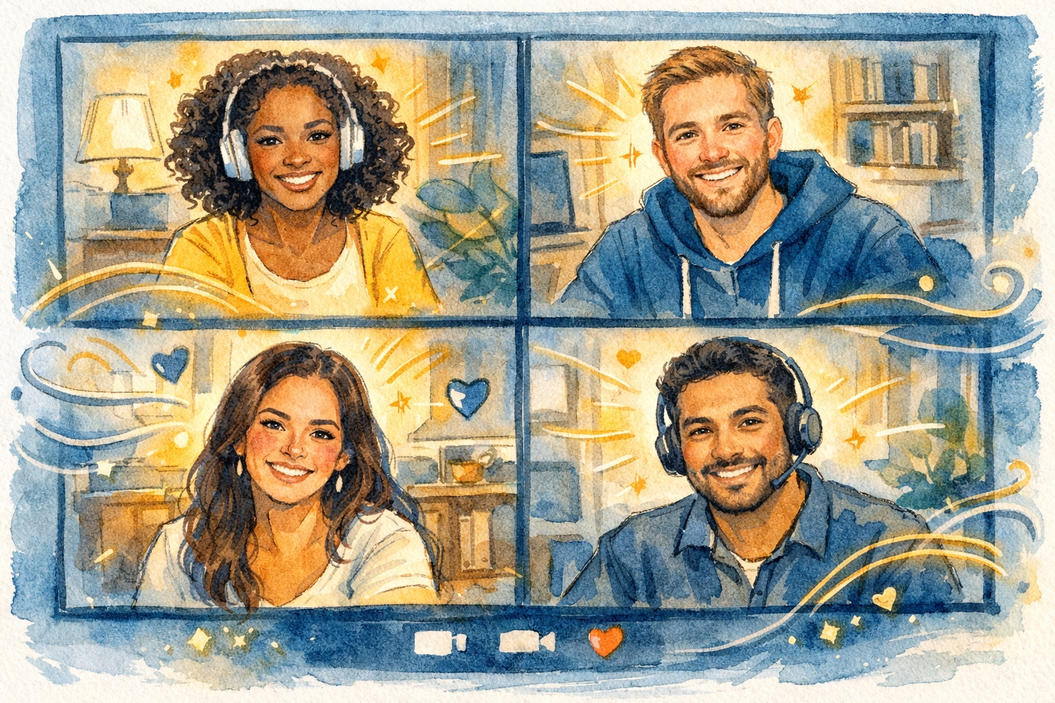 Diverse Christians connecting in online church group video call