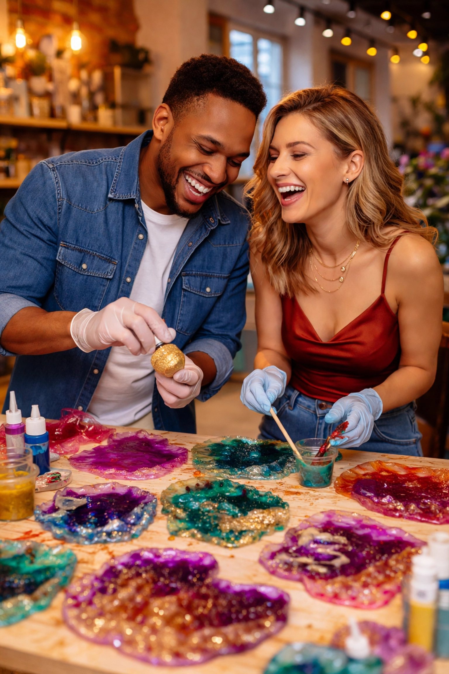 Couple enjoying a creative arts workshop in Summerville, making resin art for a unique Valentine's experience