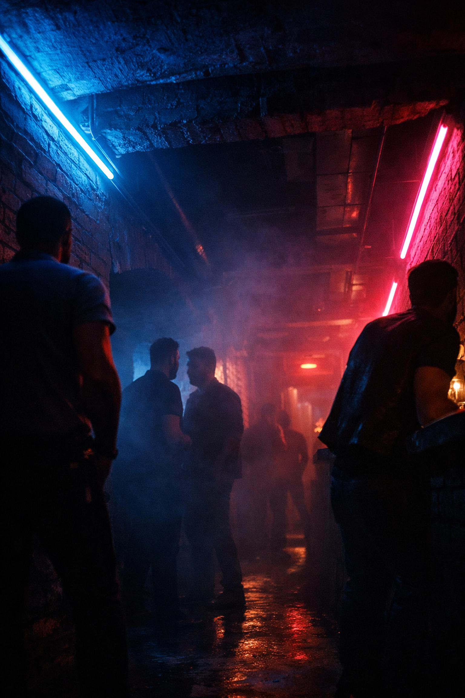 Underground gay cruising bar interior with blue and pink neon lights and atmospheric shadows