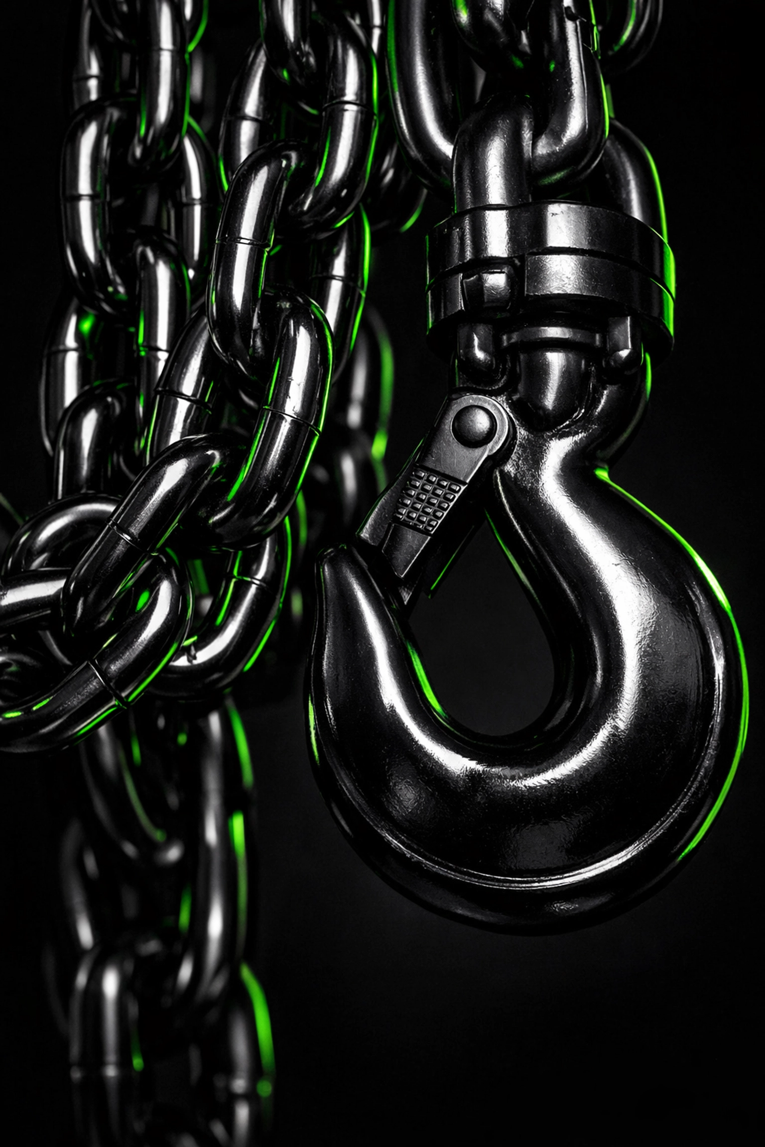 Heavy-duty towing hook and chains representing professional Houston auto recovery standards.