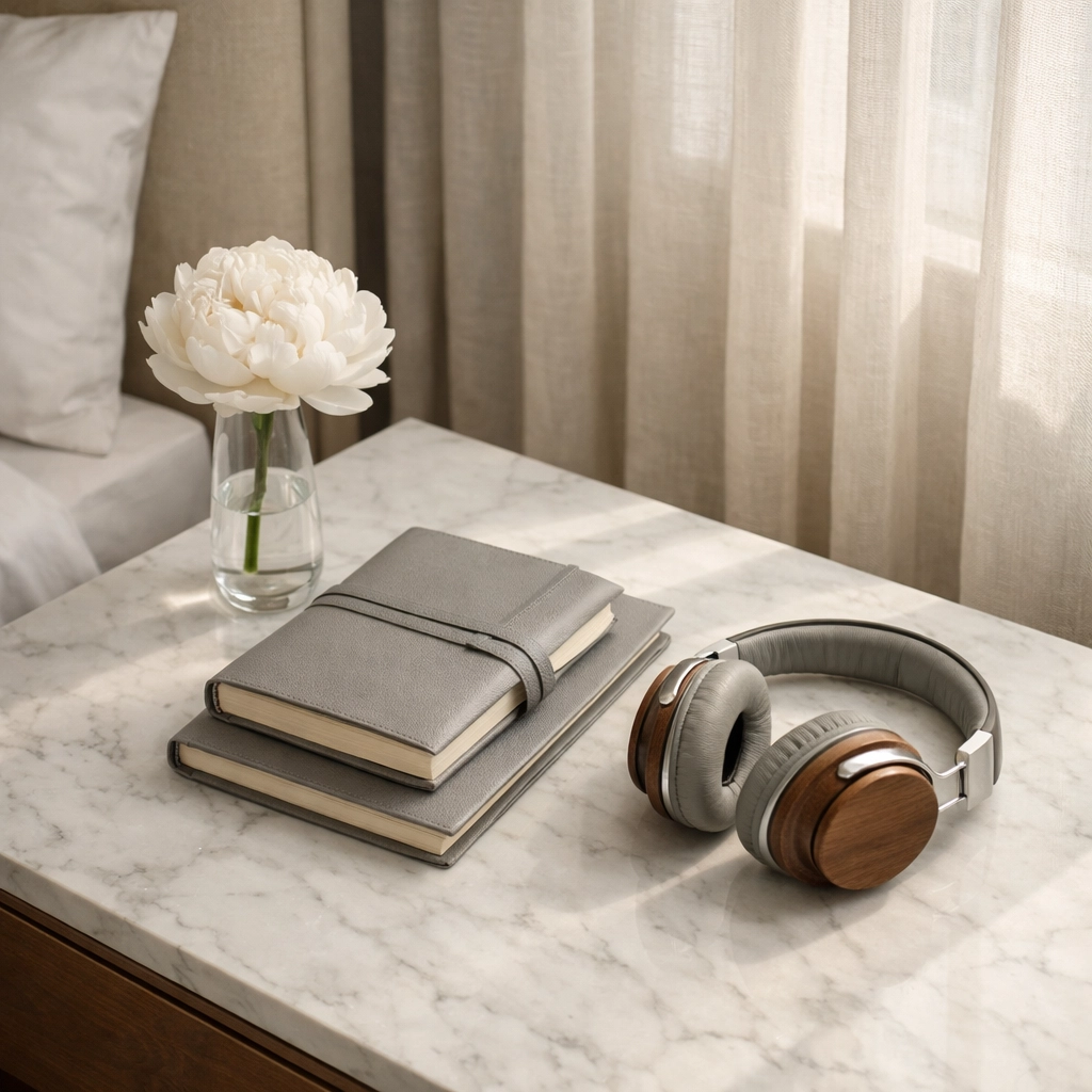 Personalized hotel room amenities on a marble bedside table reflecting a tailored guest experience.