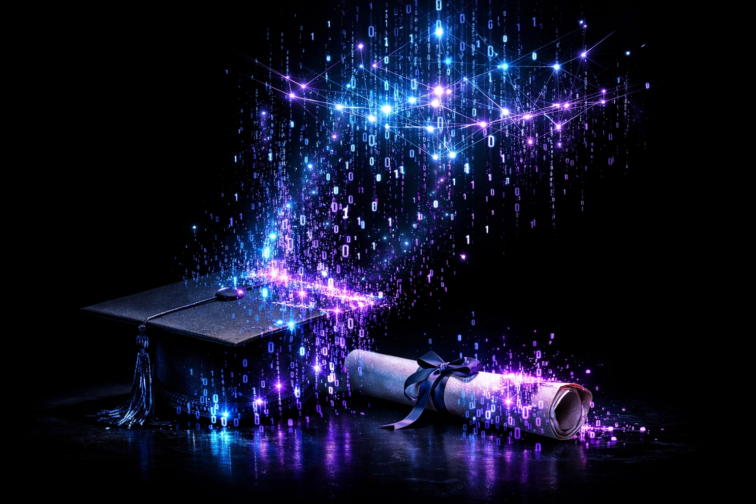 A traditional graduation cap and diploma transforming into digital AI binary code.