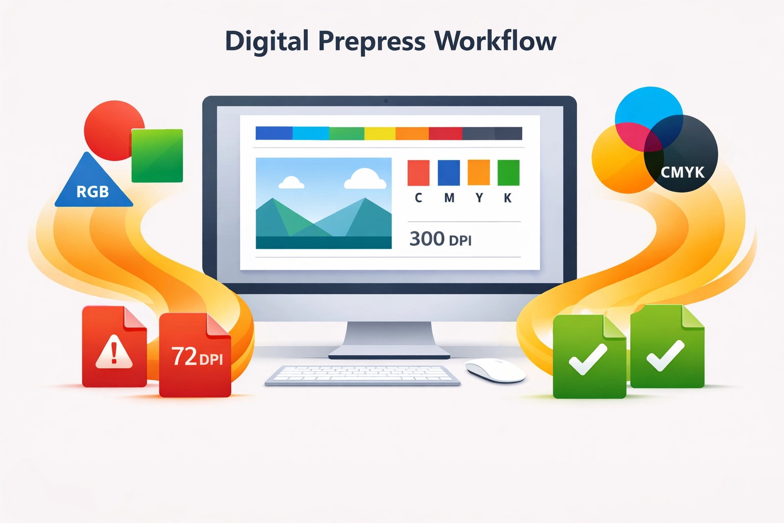 Digital prepress workflow showing file validation system with color profile checking and approval process