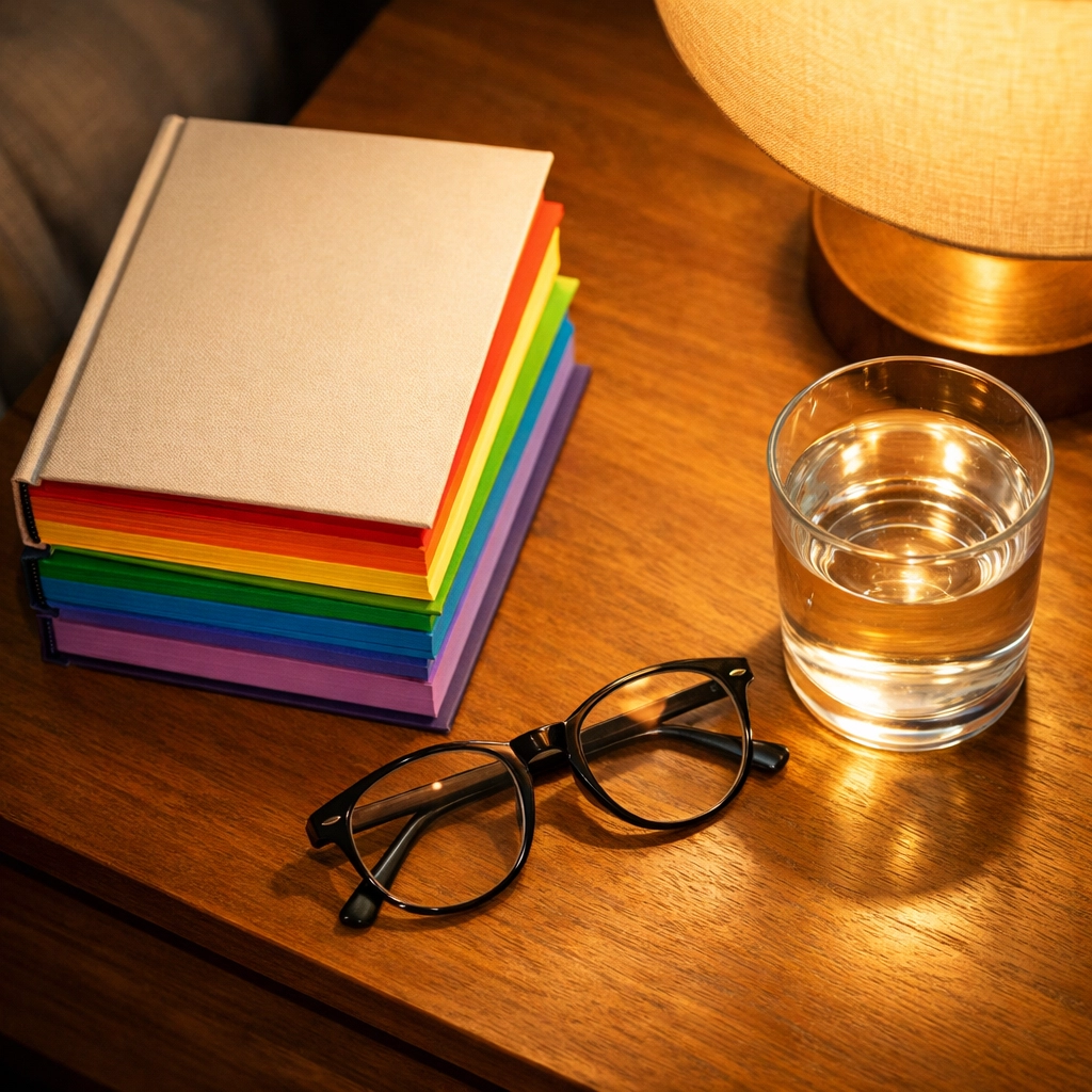 A stack of LGBTQ+ books with rainbow pages on a nightstand, highlighting the importance of authentic gay literature.
