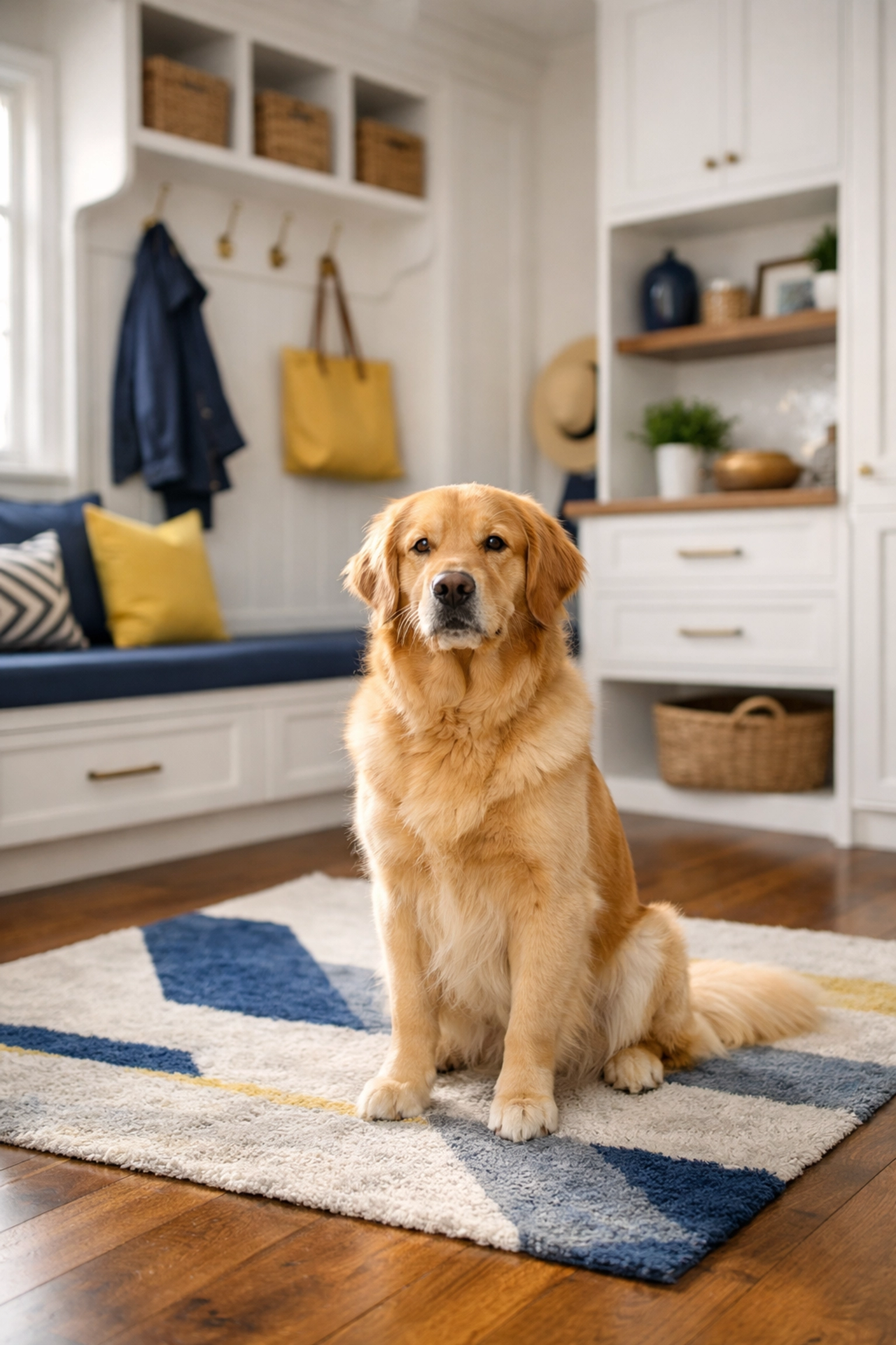 A well-groomed Golden Retriever sits on a clean rug in a fur-free residential mudroom.