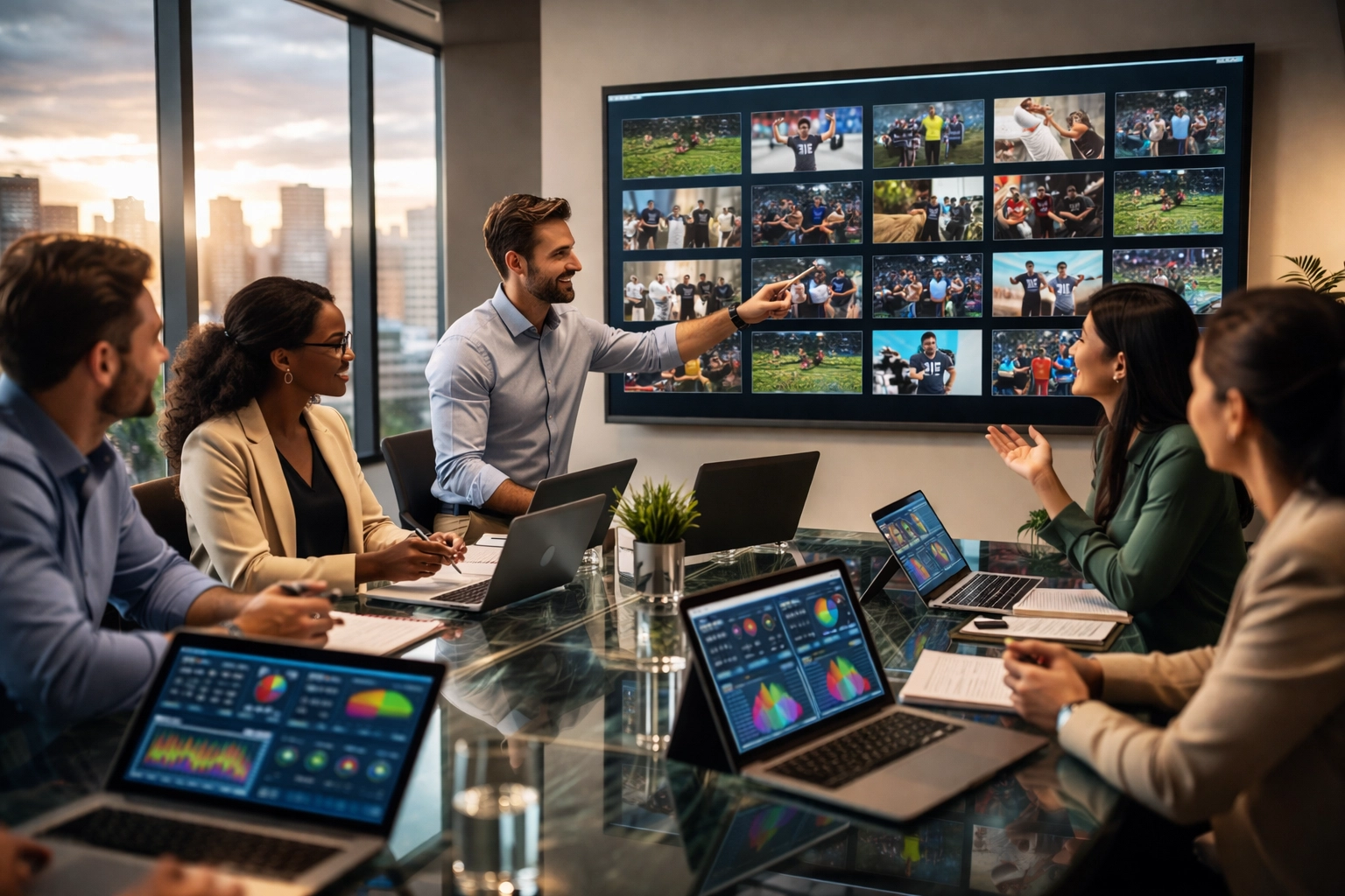 A diverse sports marketing team strategizes in a conference room with analytics dashboards and media content.