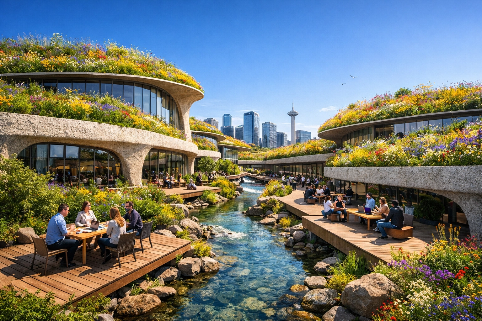 A net-positive corporate building with bio-architecture, mycelium walls, and a lush rooftop garden for climate adaptation.