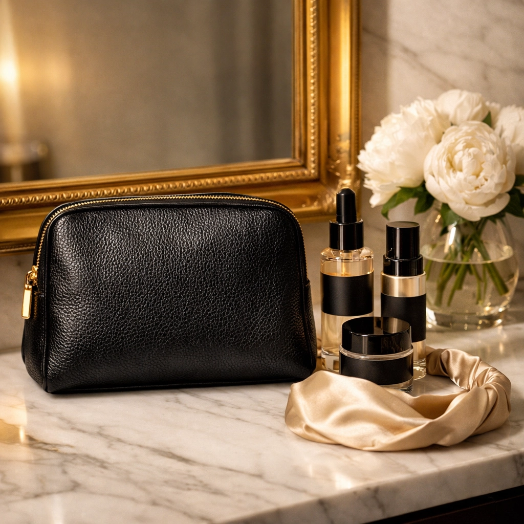 Luxury black leather cosmetic bag and skincare products on a marble vanity for a self-care routine.