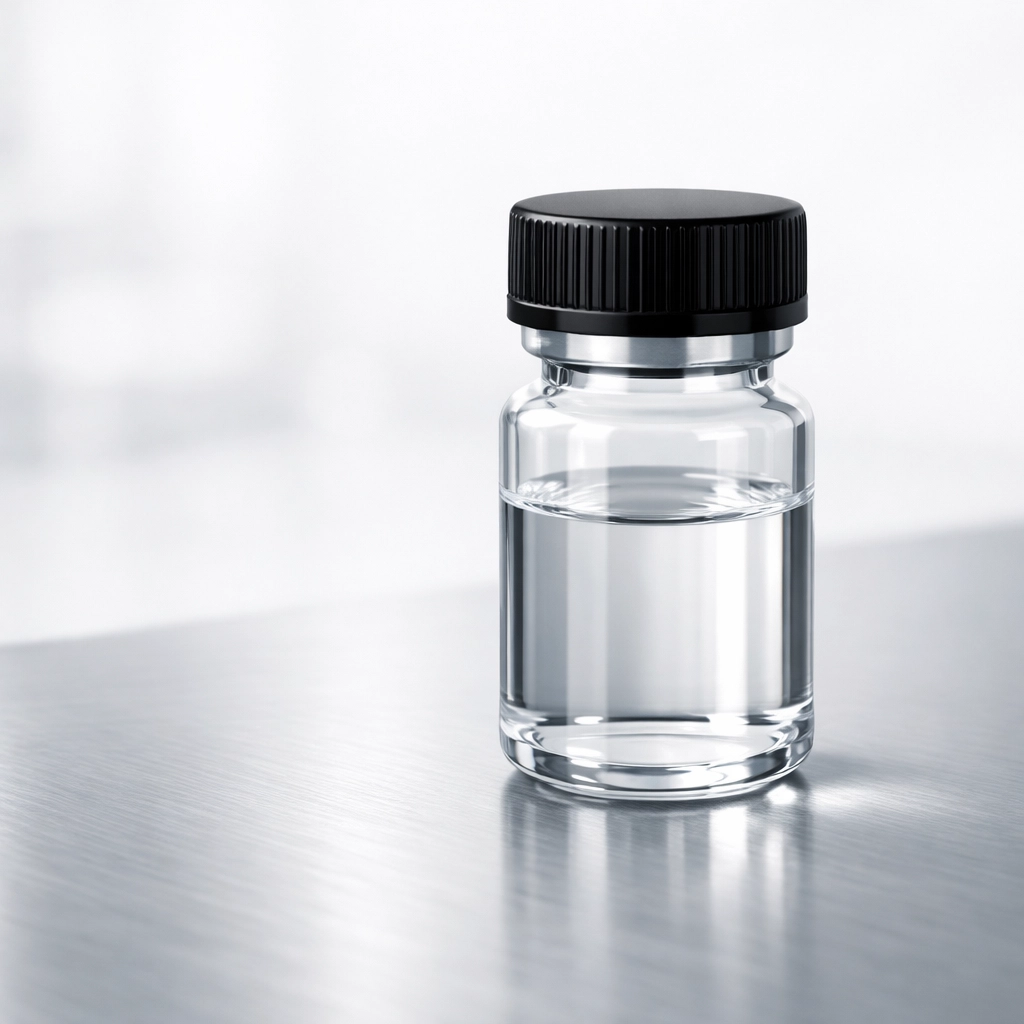 A premium glass research vial in a clinical setting for peptide stack muscle growth research.