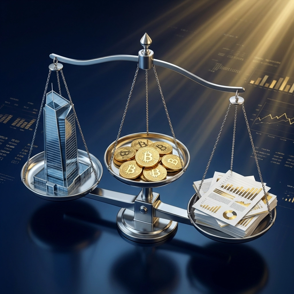Balanced scale with skyscraper, Bitcoin coins, and financial documents illustrating portfolio diversification in asset management