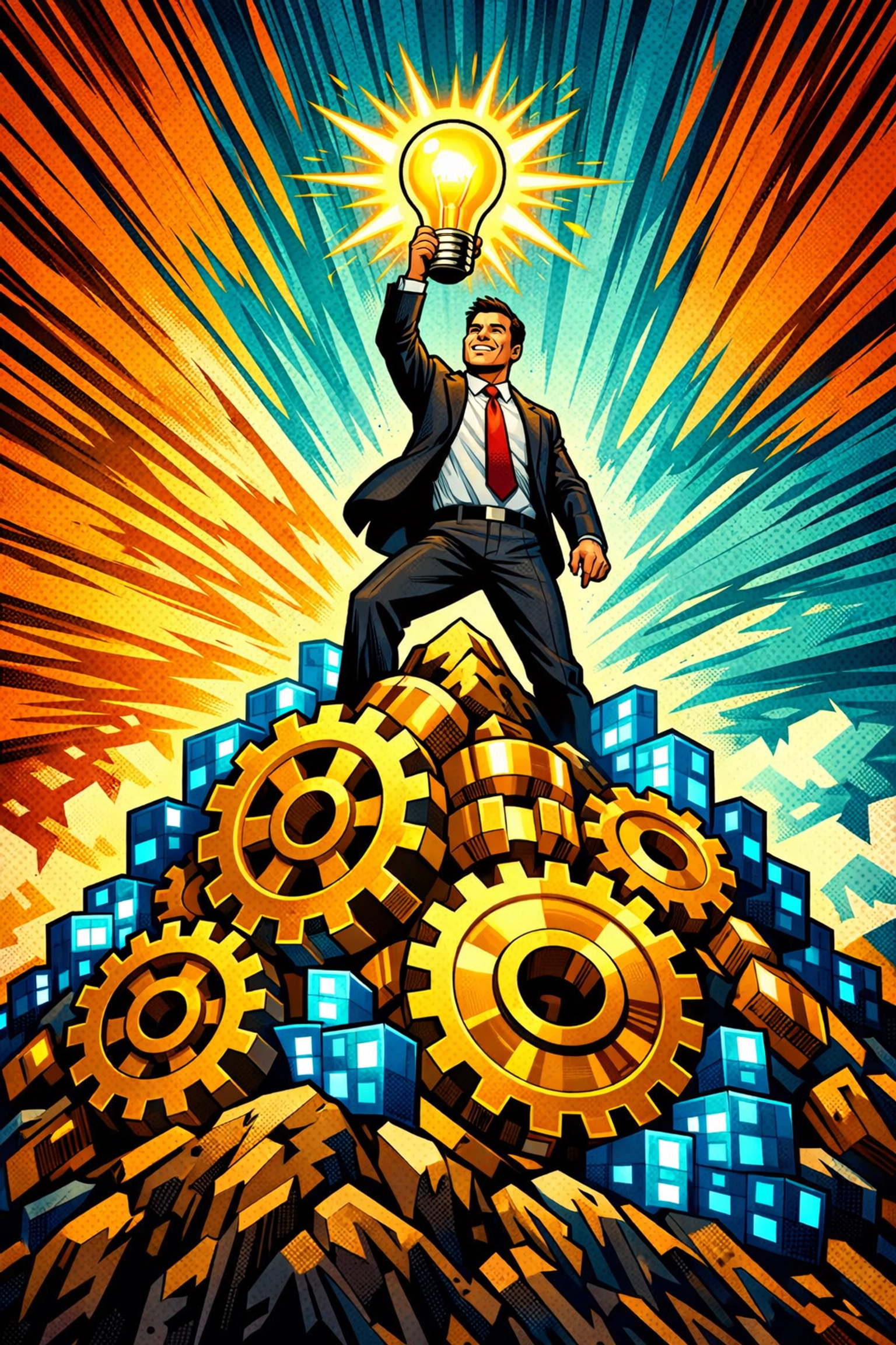 A successful business owner standing on gears, symbolizing growth through efficient ai business automation.