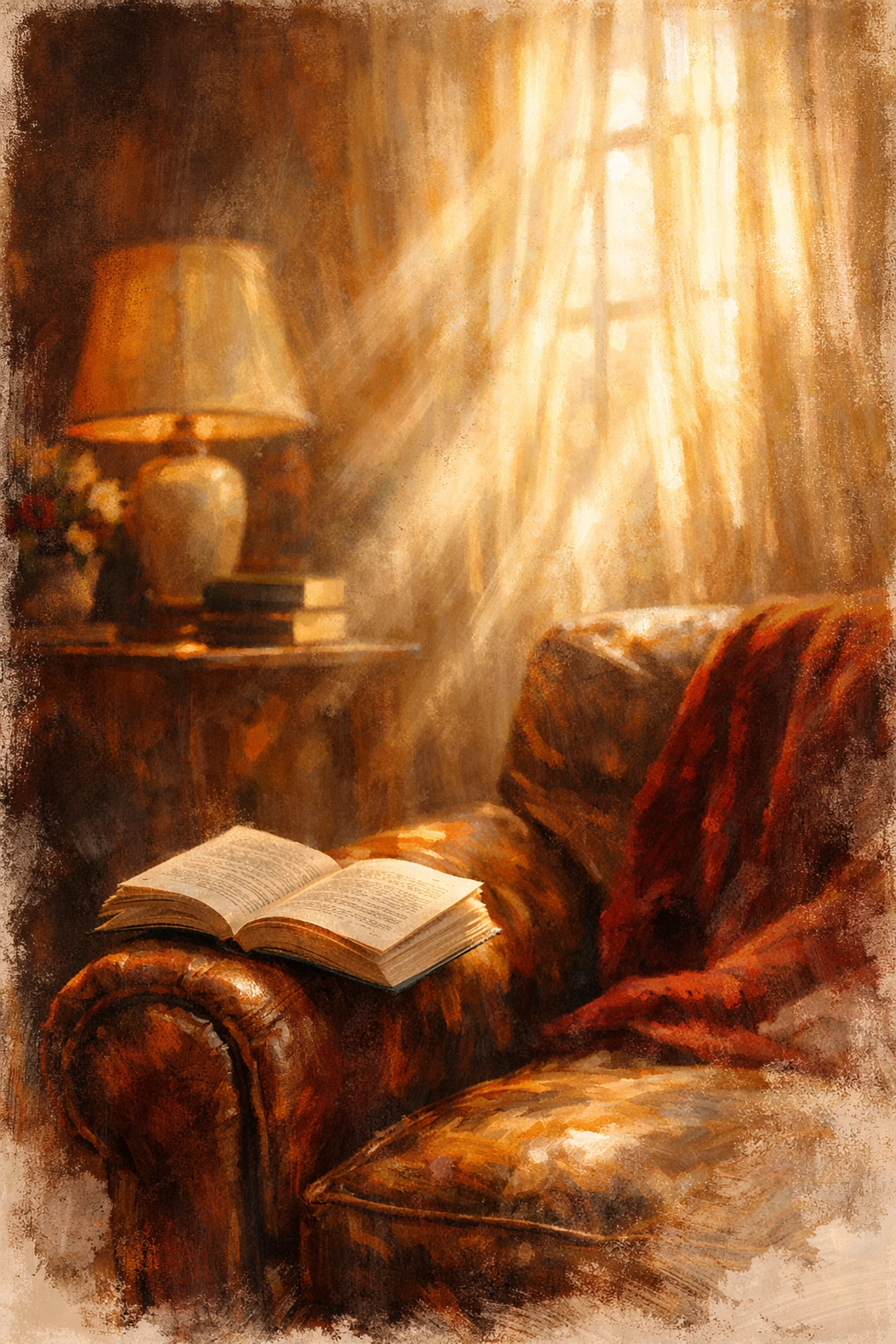 Cozy reading nook with Christian thriller novel in sunlit room for faith-based reading