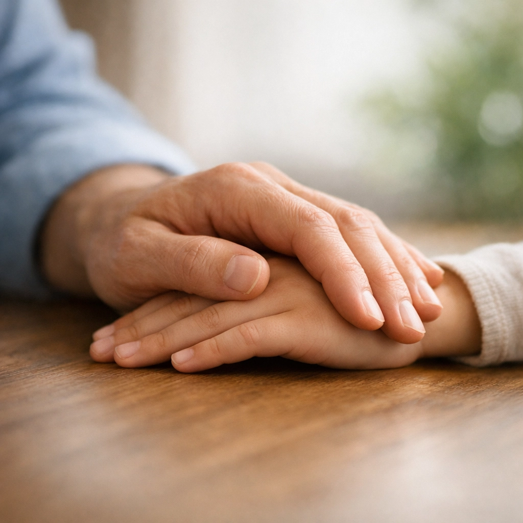 Parent's hand protecting a child's hand, illustrating stewardship and Peace & Grace life insurance.