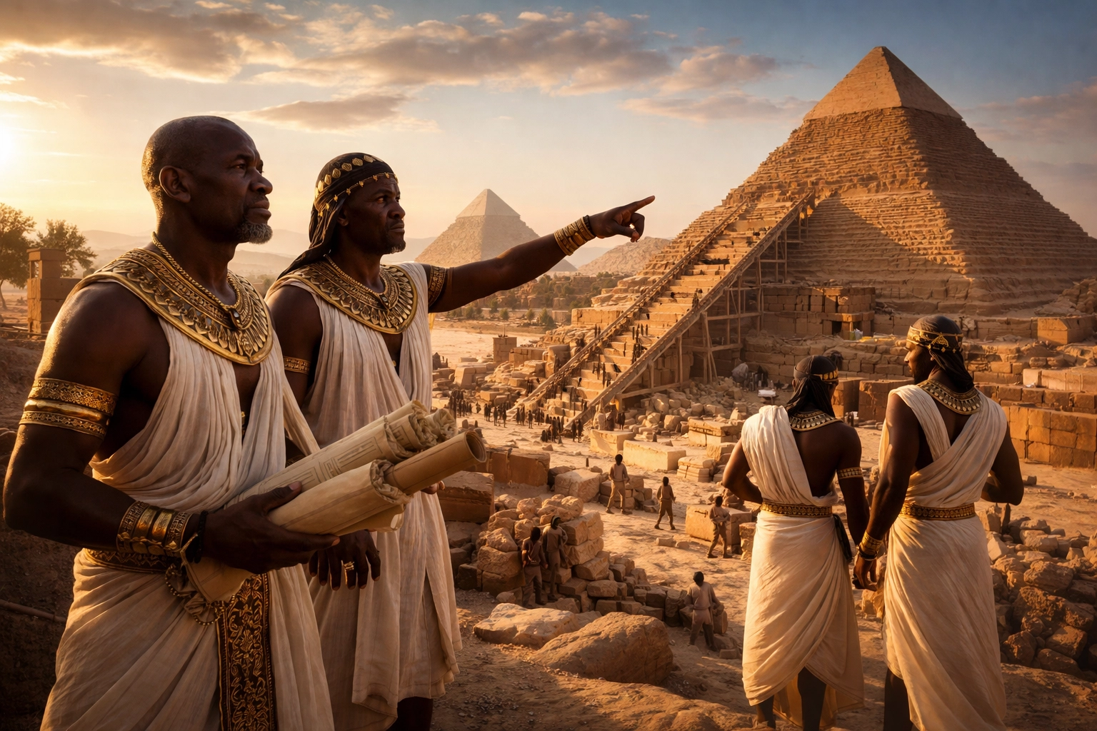 The Journey of Excellence: From Kemet to 2026 Ancient African architects and scholars overseeing the construction of pyramids in Kemet, symbolizing Black excellence.