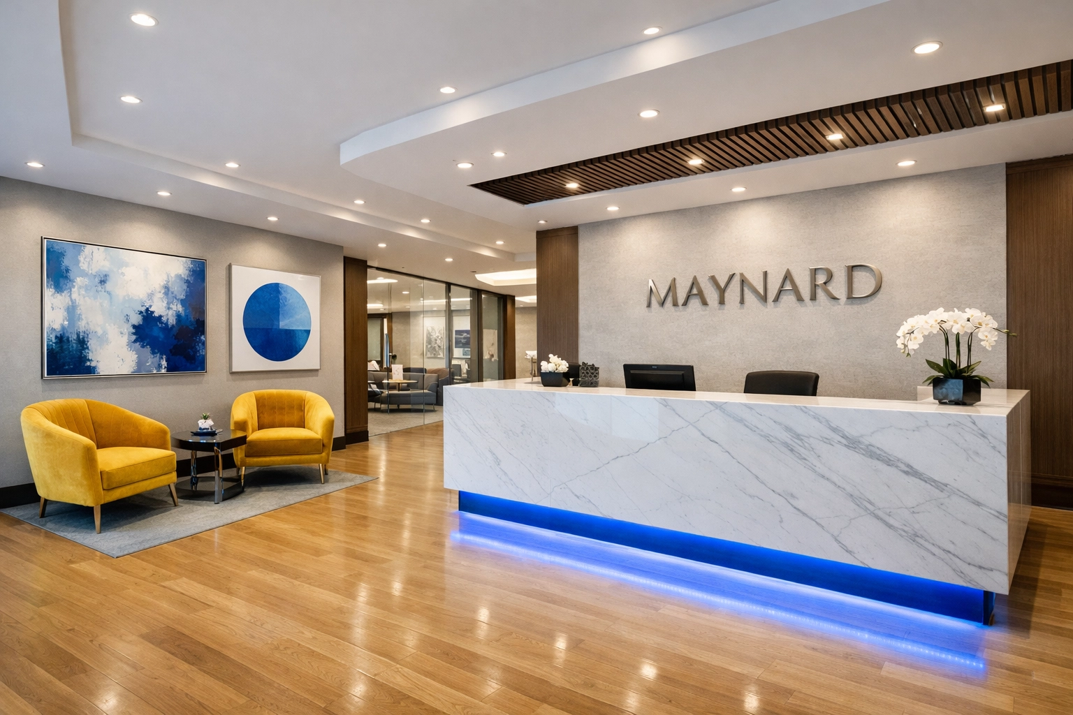 Spotless luxury office lobby in Maynard MA, demonstrating a professional first impression through commercial cleaning.