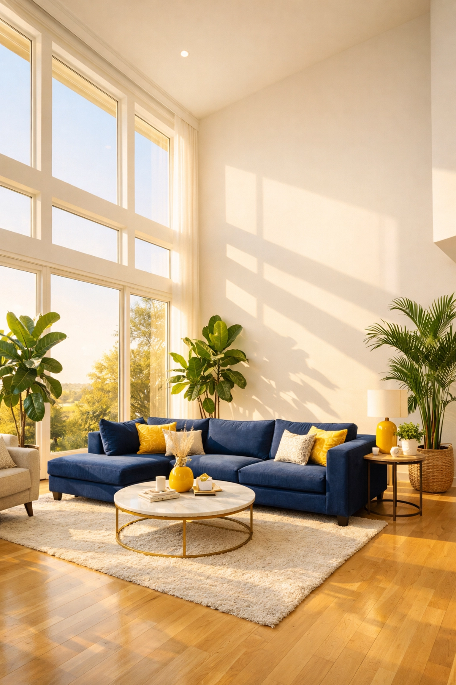 Sunlit modern living room with fresh air and plants after an eco-friendly house cleaning.