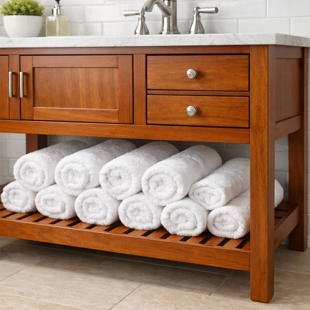 Furniture-style custom bathroom vanity with a slatted bottom shelf for towel storage.