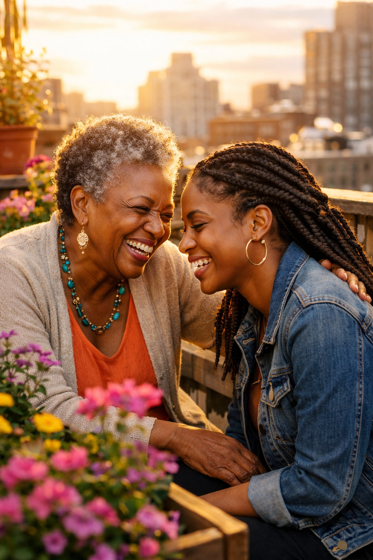 A supportive Black woman mentor empowering a younger survivor through shared wisdom and community healing.