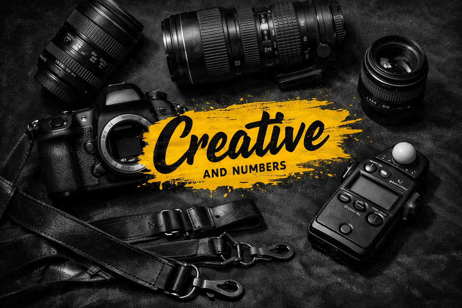 High-end photography equipment on a dark surface for a creative business or limited company.
